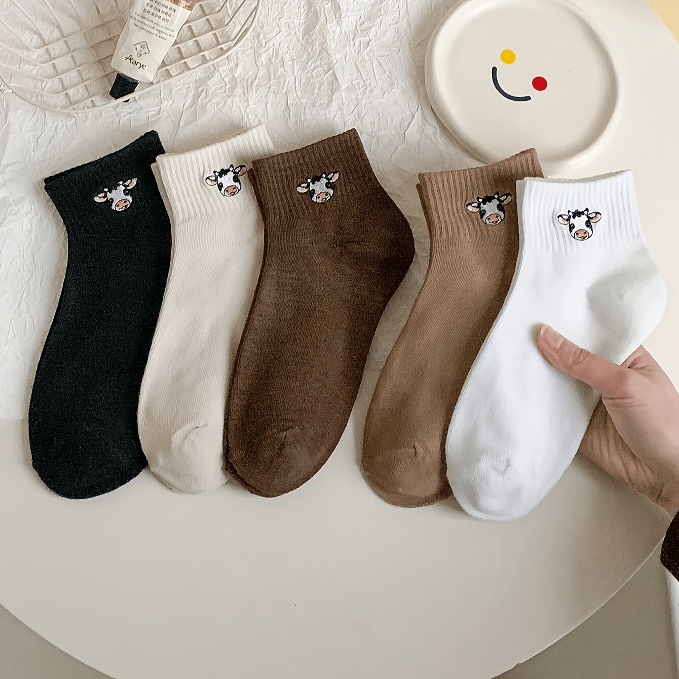 TEMU 5-pair Embroidered Ankle Socks Suitable For &, Unisex Soft Socks With Bull-themed, Machine Washable, Comfortable For Casual Wear, Themed Events,
