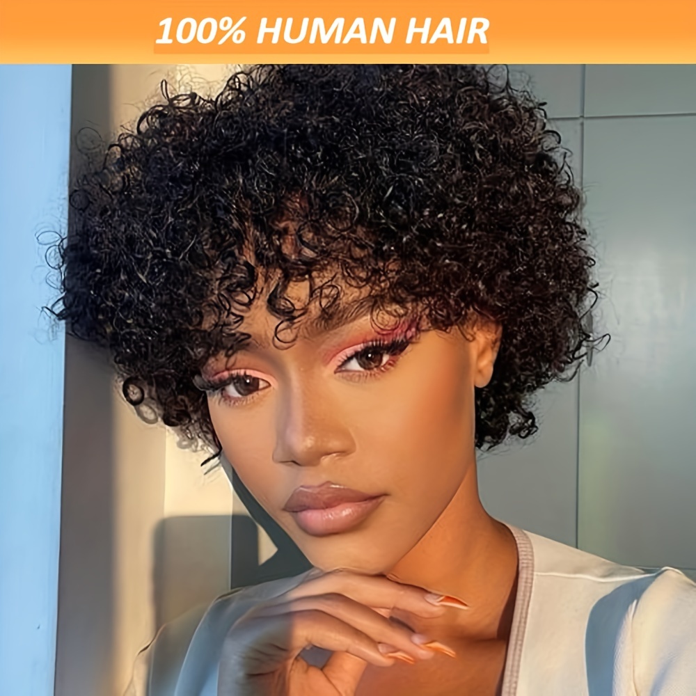 

Short Kinky Curly Human Hair Wigs With Bangs For Women Brazilian Remy Human Hair Curly Pixie Cut Wig 180% Density Glueless None Lace Wigs Full Machine Made Pixie Cut Wig 6 Inch