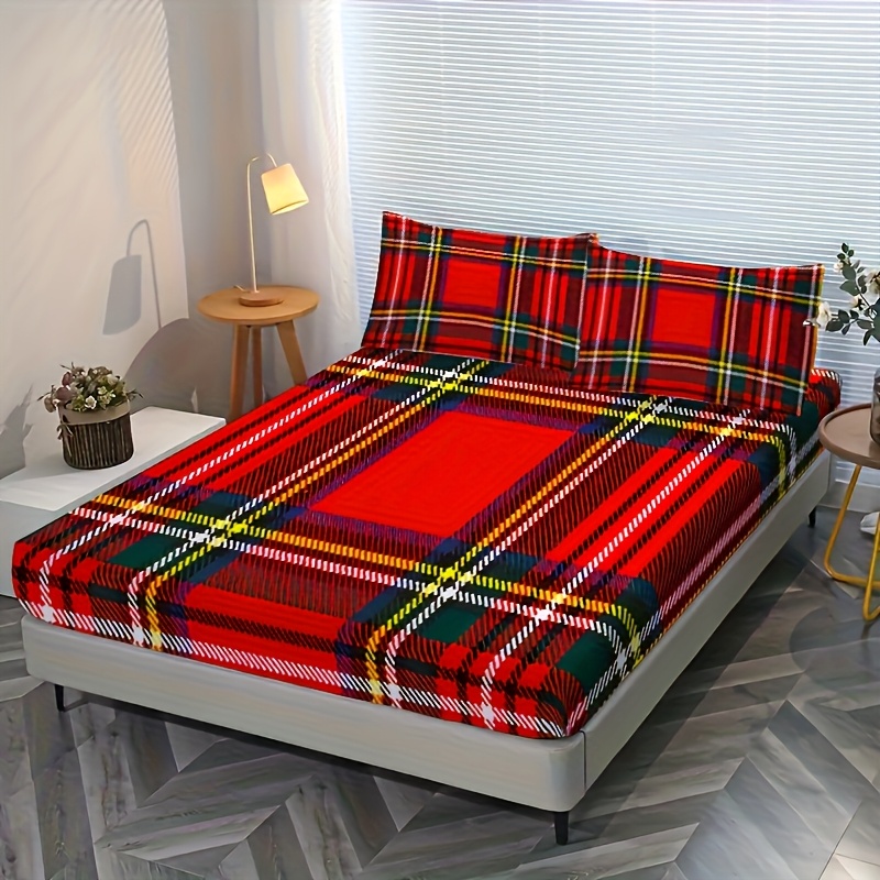 TEMU 3pcs Elastic Bed Set, Fitted Sheet Set, Polyester Material With Classic Checkered Design Pattern, 12-inch High Fitted Sheet, Suitable For Home