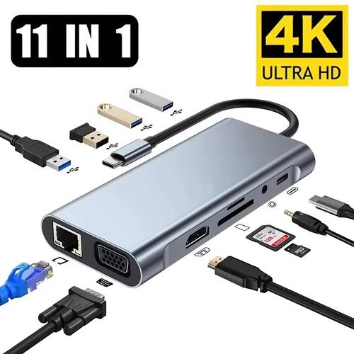 item picture 11 in 1 docking station 4k ultra hd hdtv adapter with vga 100w pd charging 5 usb 3 0 gigabit ethernet sd tf card reader 3 5mm audio compatible type c laptops
