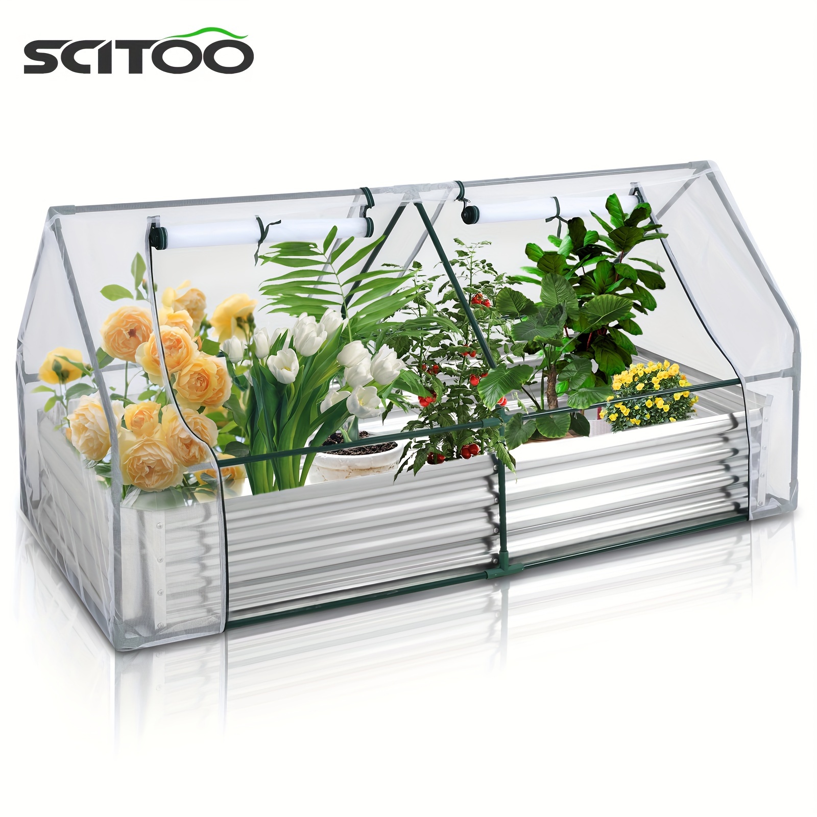 

6x3x1ft Galvanized Raised Garden Bed With Extra Thick Metal Planter Box Greenhouse Kit;w/ 2 Large Screen Windows Mini Greenhouse, Outdoor Growing Vegetables