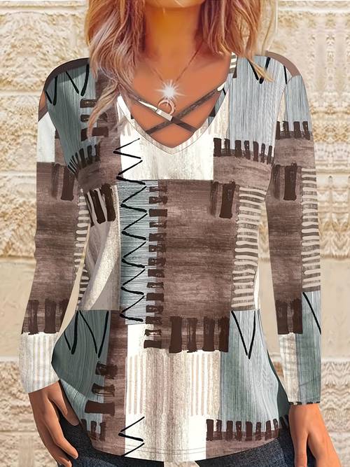 print cross tie t shirt casual long sleeve t shirt for womens clothing