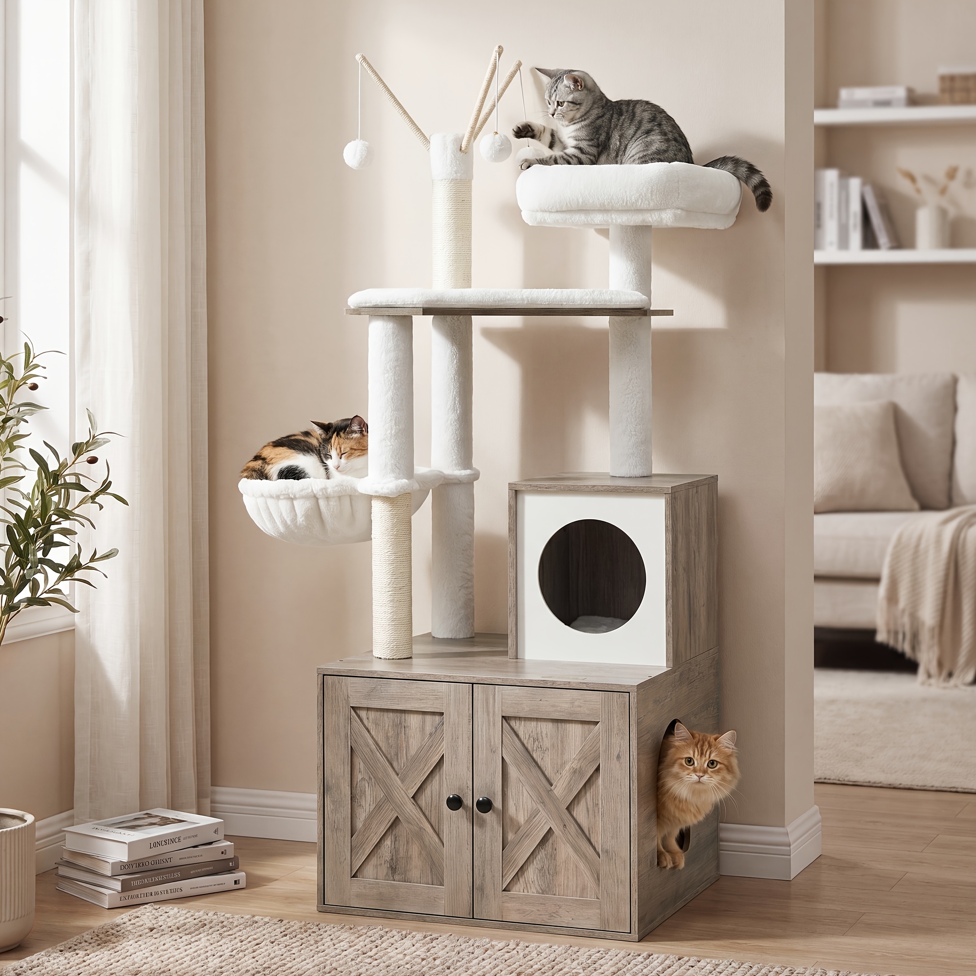 Image of Scratching Post With Litter Box Cabinet, 150cm High, 2-in-1 Cat Tree, Litter Box Cabinet, With Sisal Posts, Removable Plush Balls