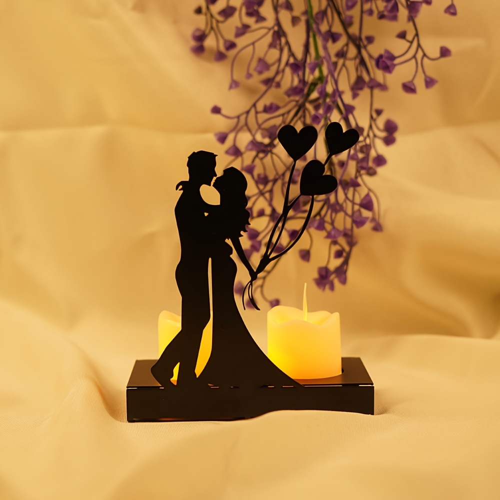 Image of Black Romantic Metal Candle Tea Light Holder, Valentine's Day Candle Holder, Couple Silhouette Design, Candle Holder, Tea Light Candle Holder, Candlestick, Home Dining Table Decoration