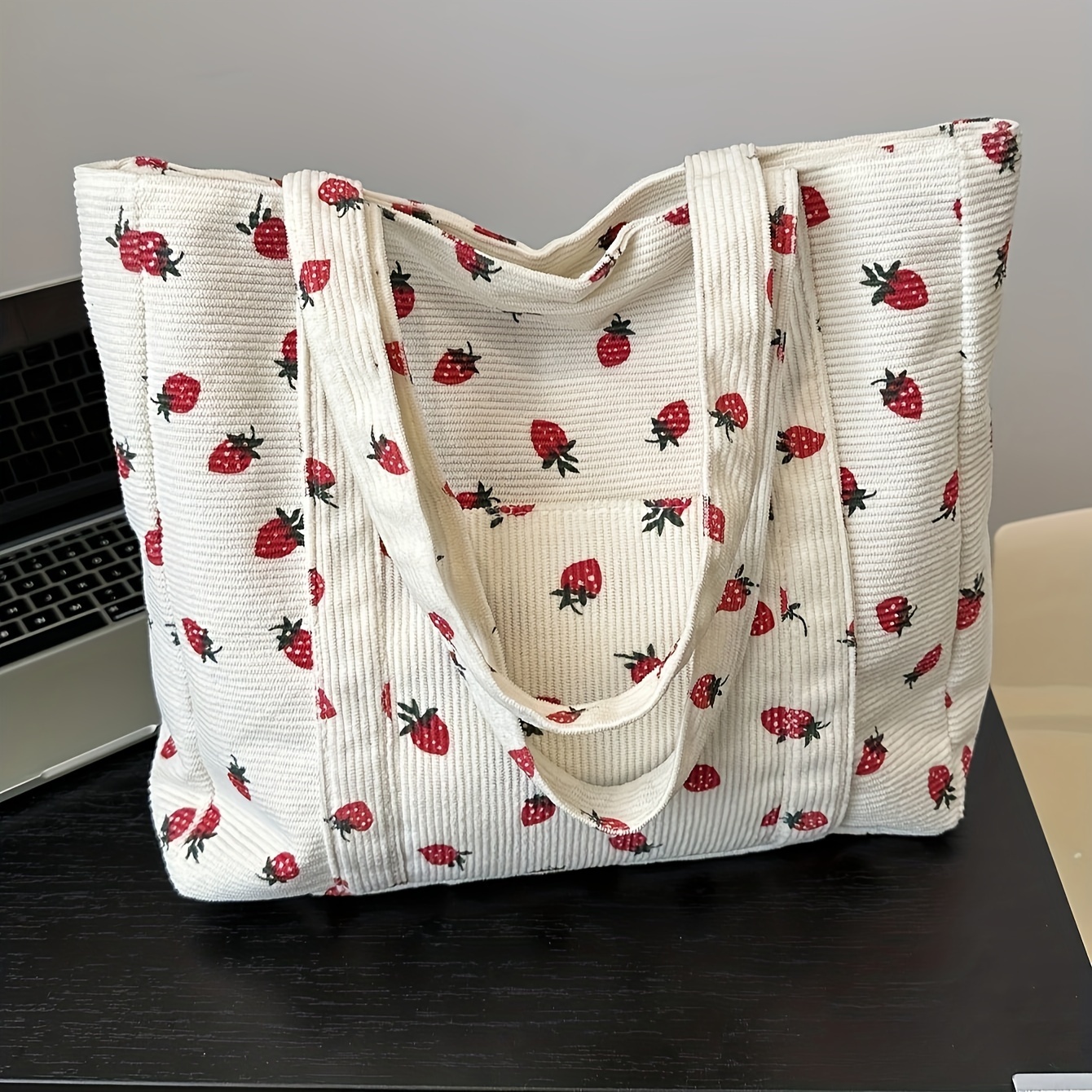 

Cute Strawberry Pattern Corduroy Tote Bag, Large Capacity Fashion Shoulder Handbags, Y2k Style Women's Fashion Shopper Bag