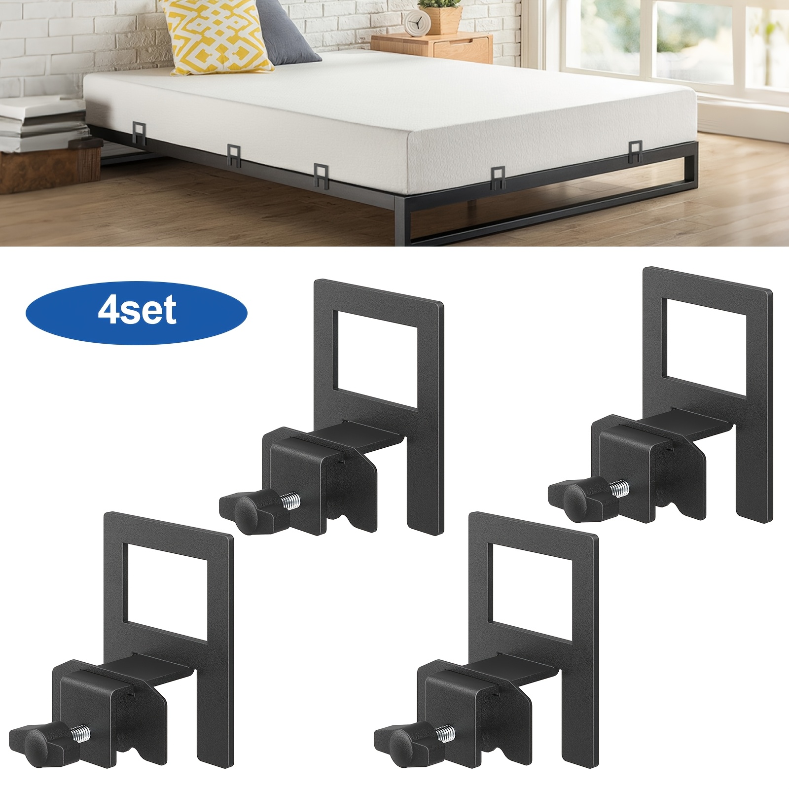 TEMU 4 Set Adjustable Non-slip Mattress Grippers For Metal Bed Frames, Heavy Duty Anti-slide Brackets With Screws, Black & Thicker Bed Slip Stoppers