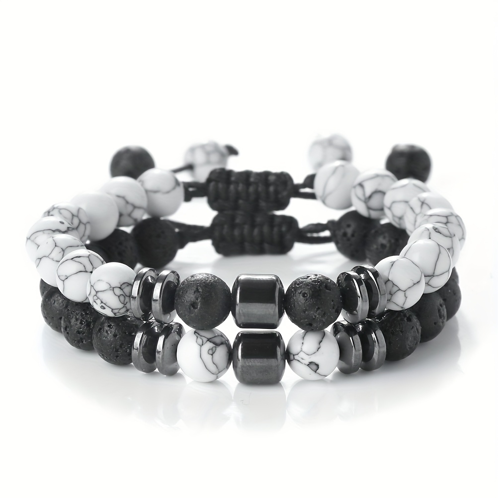 Image of 2pcs Set Classic Beaded Bracelet For Men And Women, Hand-woven Adjustable Size Bangle, Couple Distance Jewelry Gift