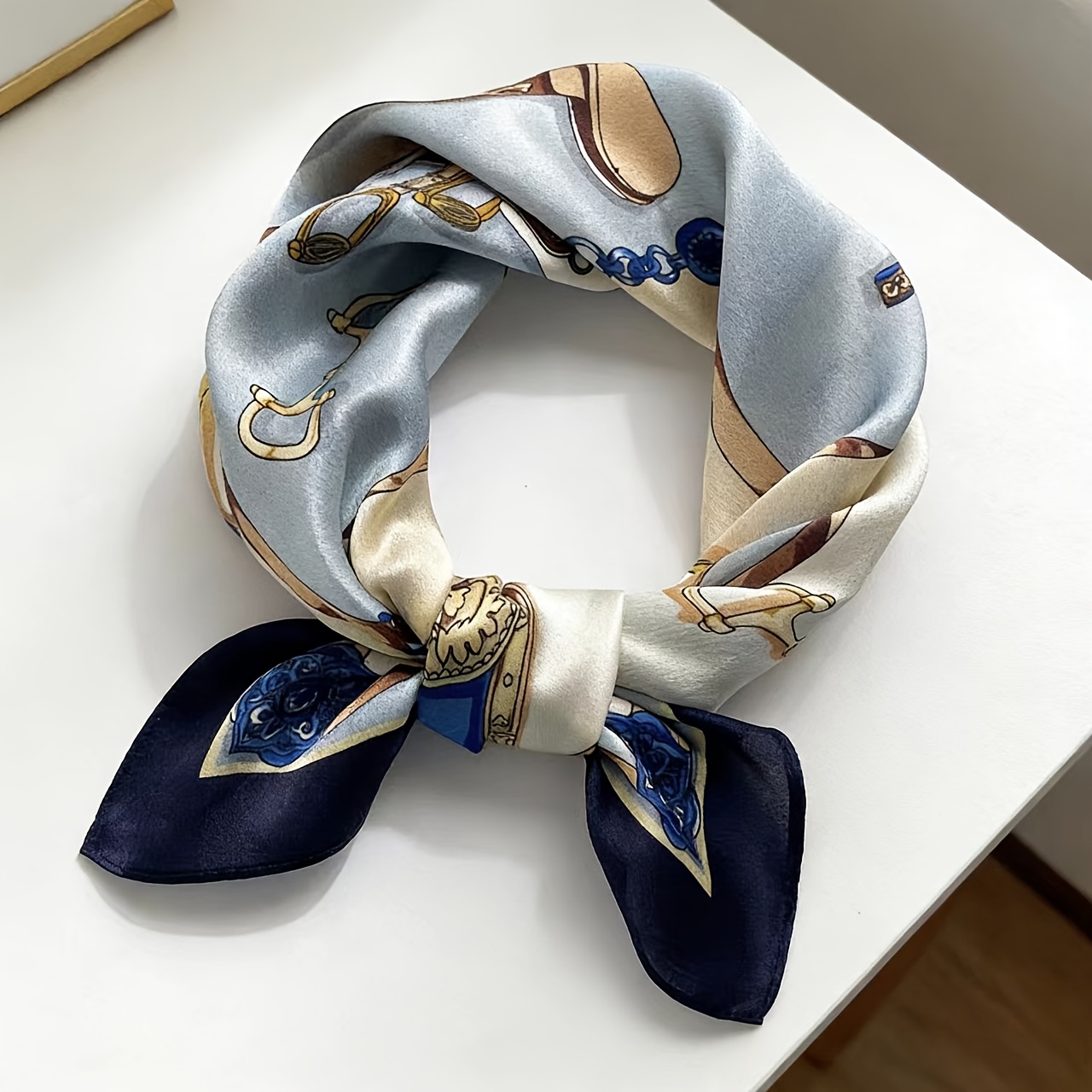 Women's Silk Saddle Chain Small Square Scarf, Vintage British Style