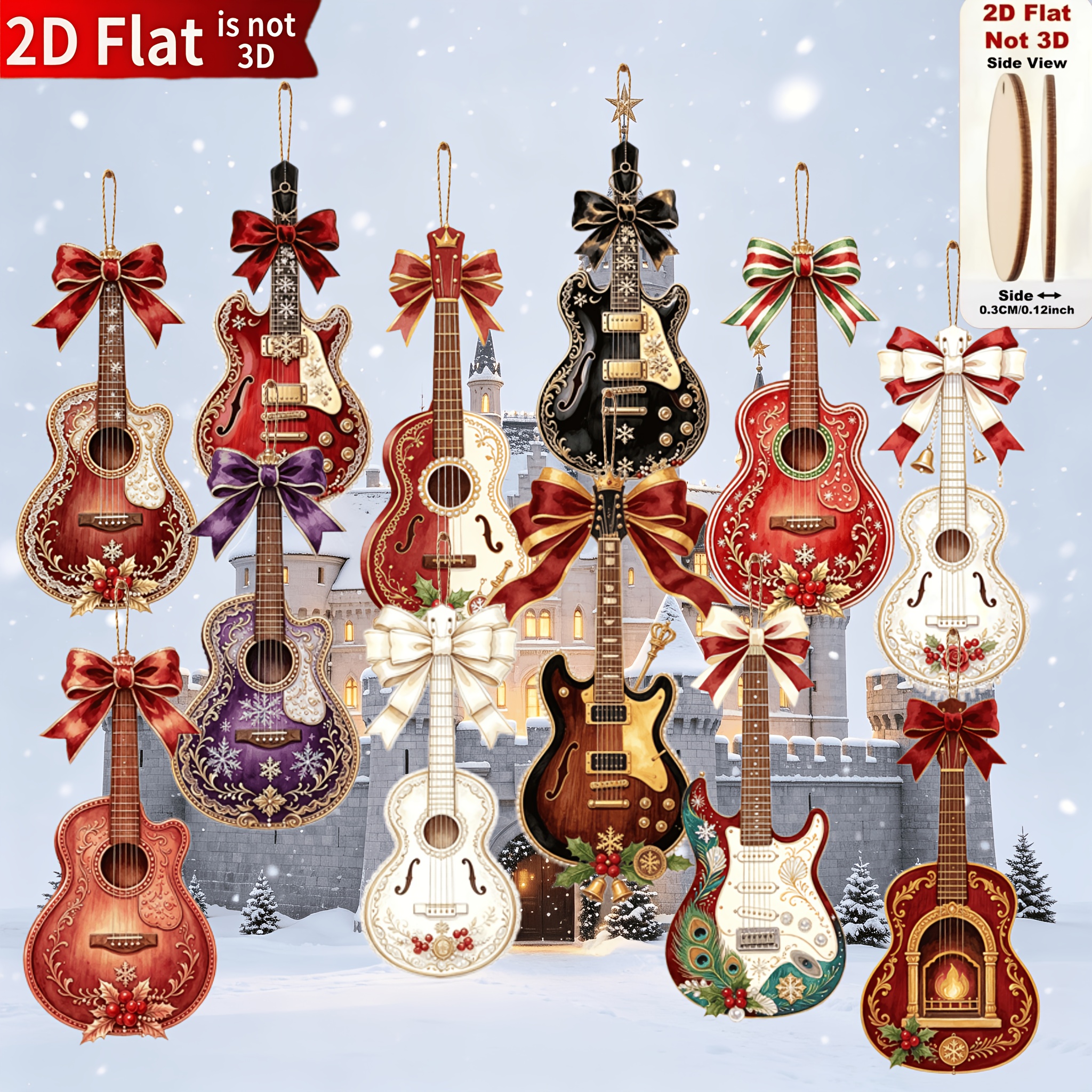 TEMU [2d Flat] 12pcs Christmas Guitar-shaped Wooden Hanging Ornaments, Christmas Decor Set, Personalized 2d Flat Wooden Hangings, Christmas Tree