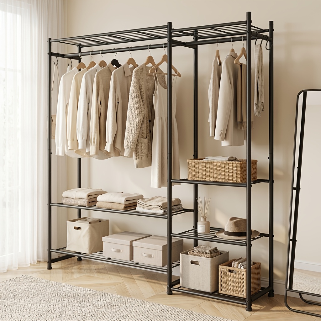 TEMU Open Metal Coat Rack With Cabinet, 2 Hanging Rods And 7 Shelves, Freestanding Clothes Storage Rack For Bedroom, Entryway Or Dressing Room, Heavy