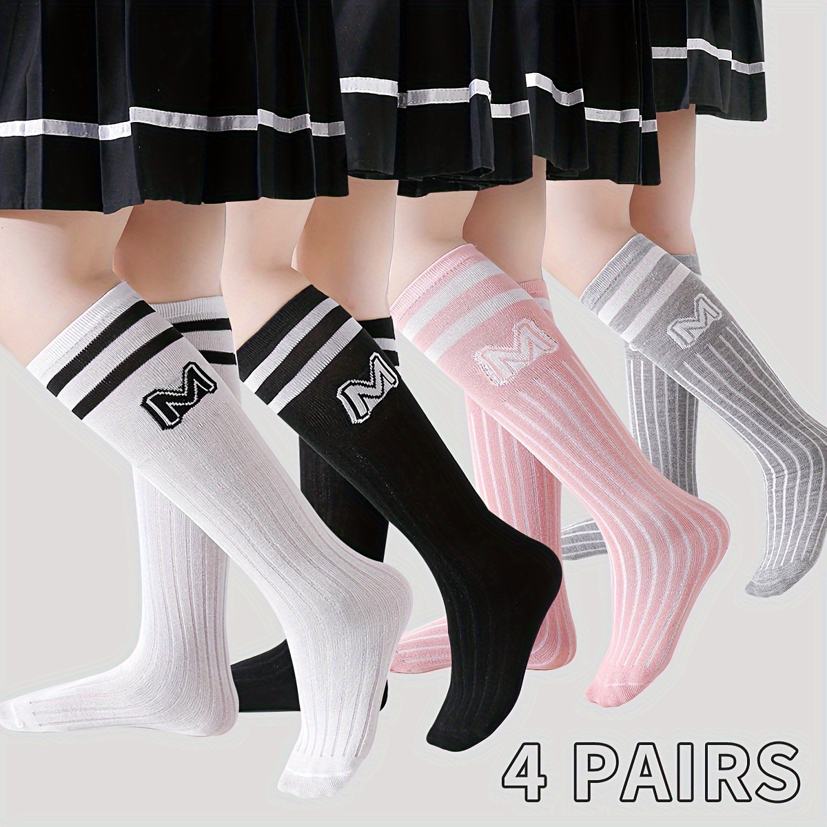 

4 Pairs Girls' Knee High Socks, Knit Fabric, Polyester And Spandex Blend, Hand Wash Only, Seasonal Spring/fall - Youth Athletic School Sport Socks