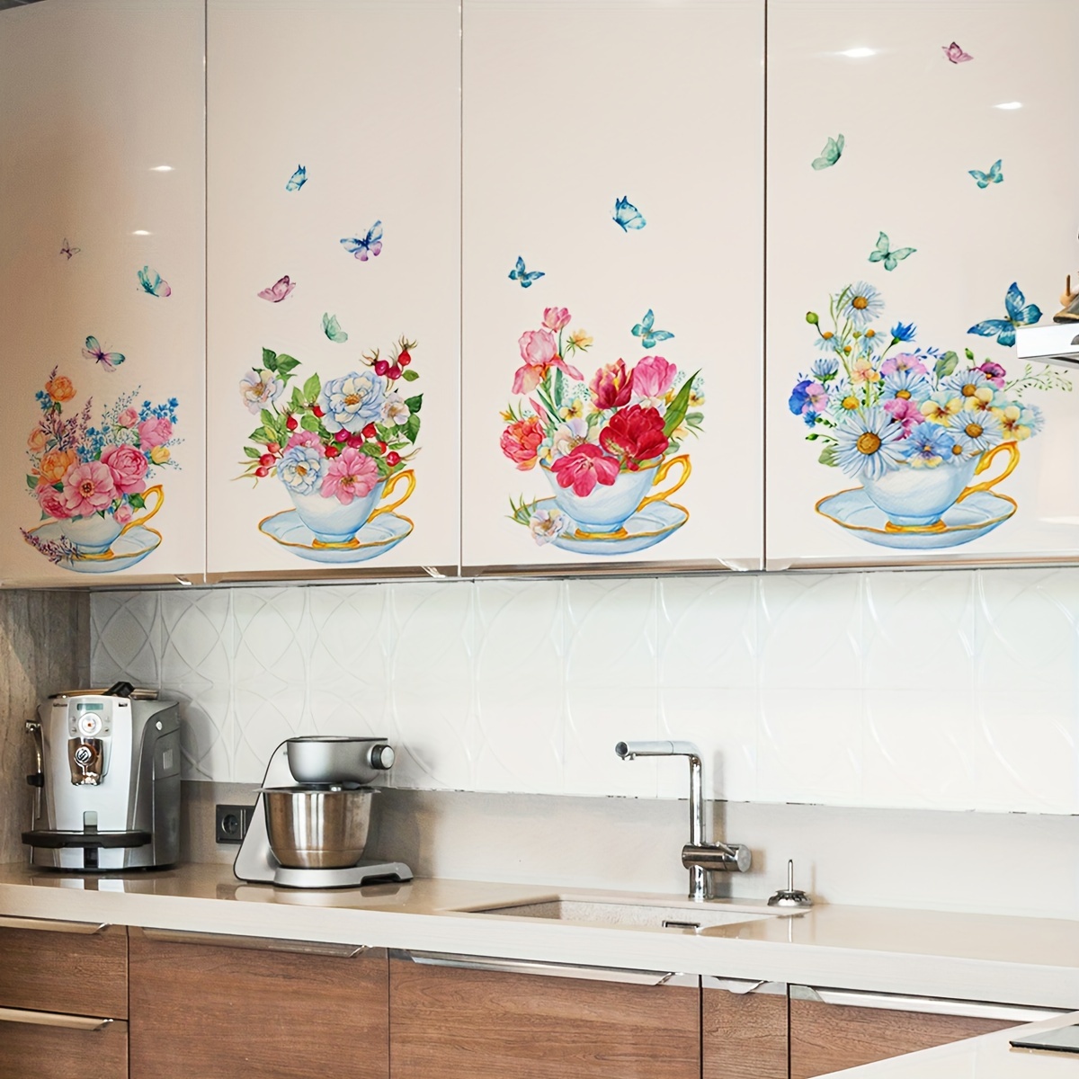 

4pcs, Green Plant Flowers Butterfly Creative Wall Stickers, Kitchen Living Room Landscaping Decorative Wall Stickers, Self-adhesive Wall Stickers