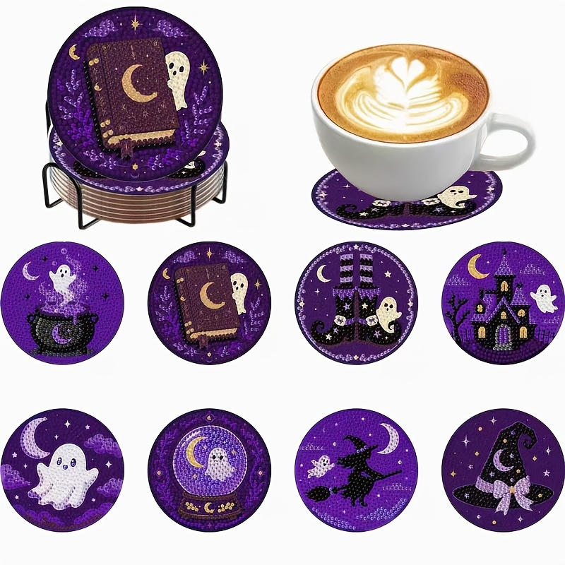 TEMU New Diy Diamond Painting Kit, 8pcs Set Of Sparkling Diamond Coasters For Living Room And Bedroom Decor, Suitable As A Gift, Includes Stand