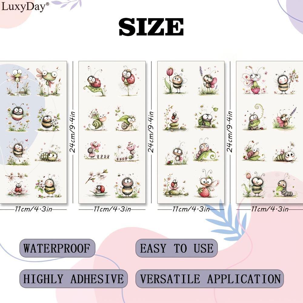 Image of 32pcs Cute Insect Uv Dtf, Waterproof Self-adhesive, Cartoon Bee Snail Ladybug Pattern For Mug, Tumbler, Planter, Phone Case, Wood, Acrylic, Plastic, Glass, Decor