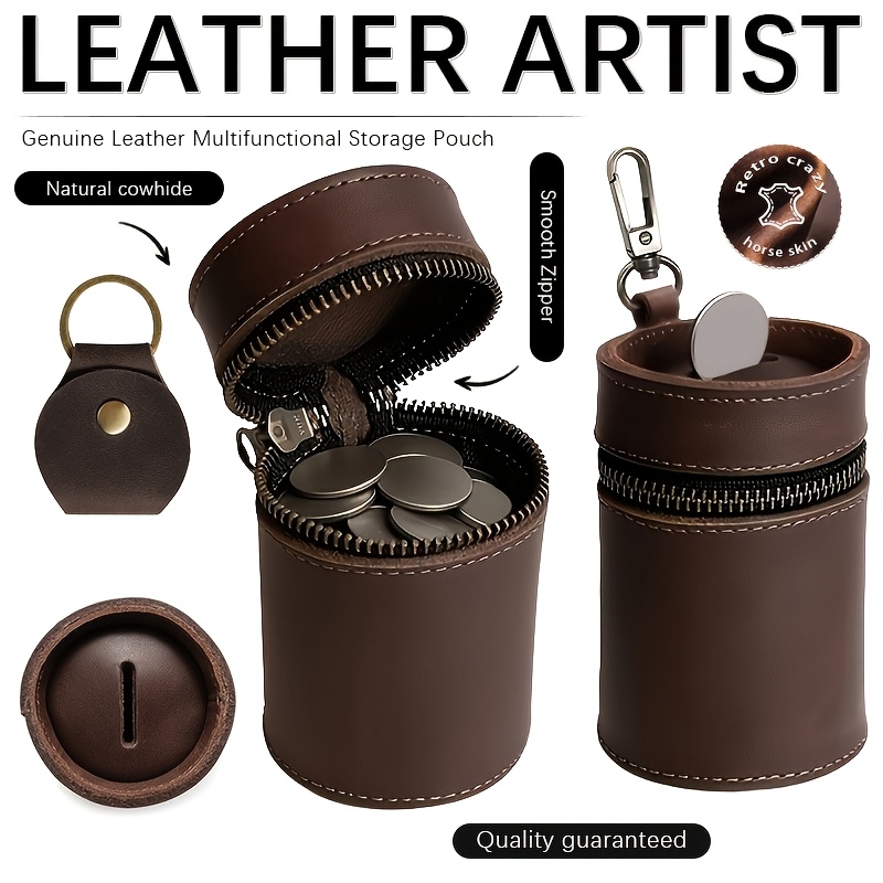 Image of Top Layer Cowhide Handmade Genuine Leather , Car Cup Holder Compatible, Coin Purse, Coin Organizer, , Zipper Pouch, Full Grain Leather, Coffee Color, Unique