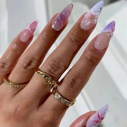 medium length almond shaped nails 3d relief floral glitter art removable 24pcs press on nails beautiful nails press on manicure purple series nail art fall winter style nails