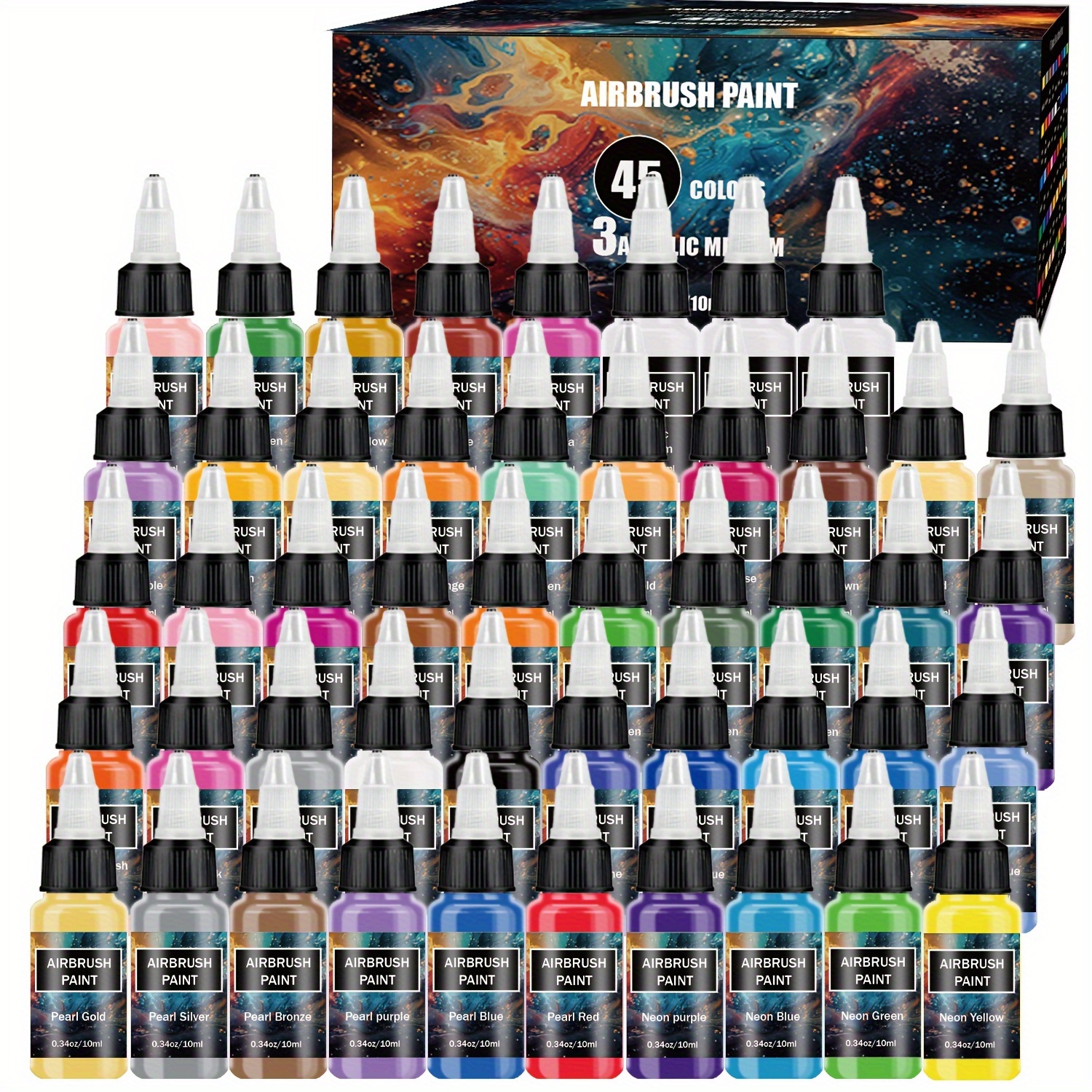 

48pcs Airbrush Paint Set, Acrylic Liquid Paint Bottles, Metallic & Neon Colors, With 3 Diluent Bottles, For Airbrushing, Art, Model Kits, And Crafts