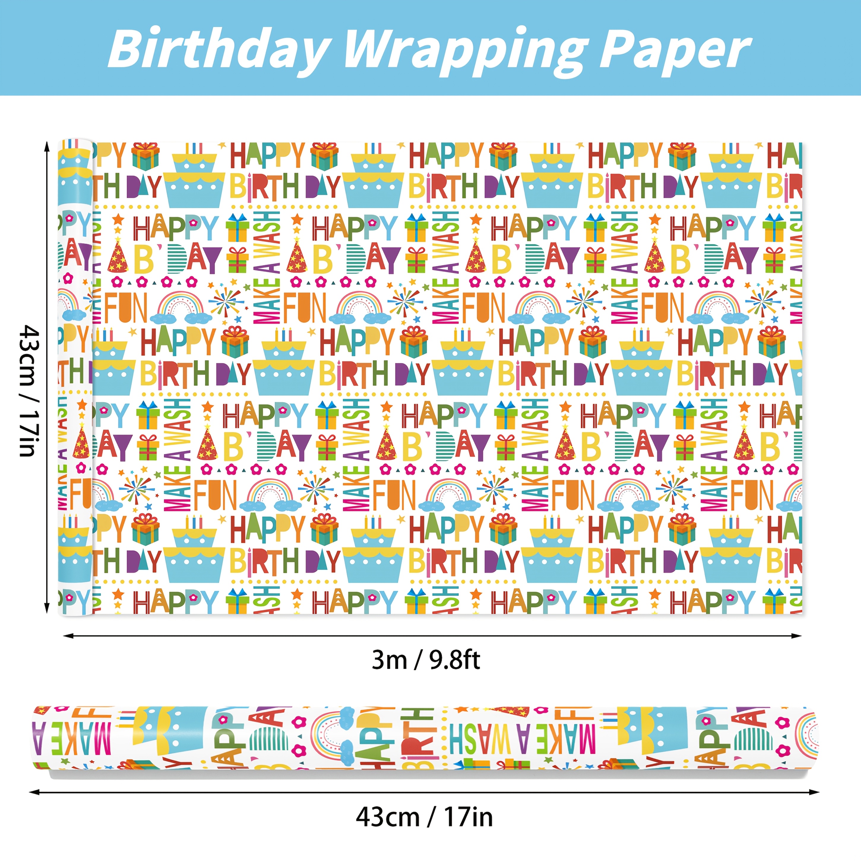 TEMU 1 Roll Birthday Wrapping Paper Roll - Colorful Happy Birthday Lettering And Birthday Hat, For Baby Shower, Party