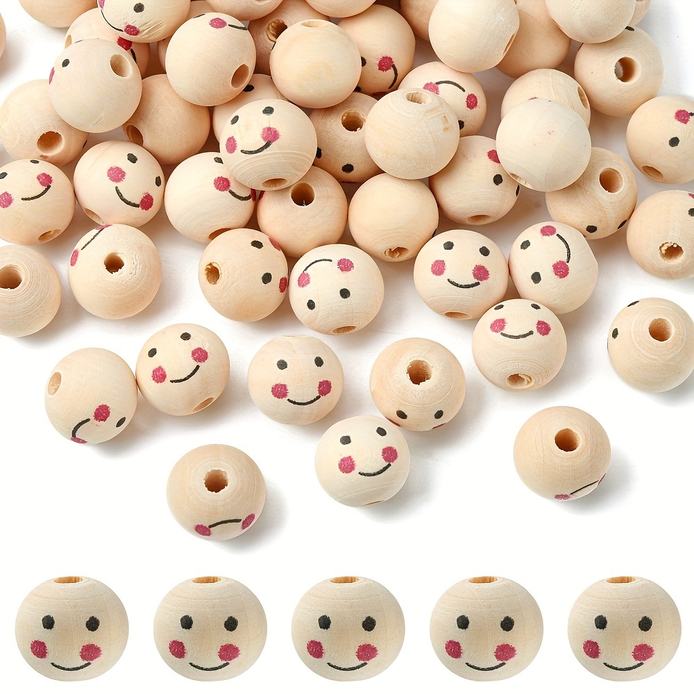 

100pcs Perles en bois naturel avec motif de visage souriant et grand trou, 19~20x17.5~18mm, avec trou de 4.5mm, sans plomb, non teintes, pour la création de bijoux et de porte-clés DIY