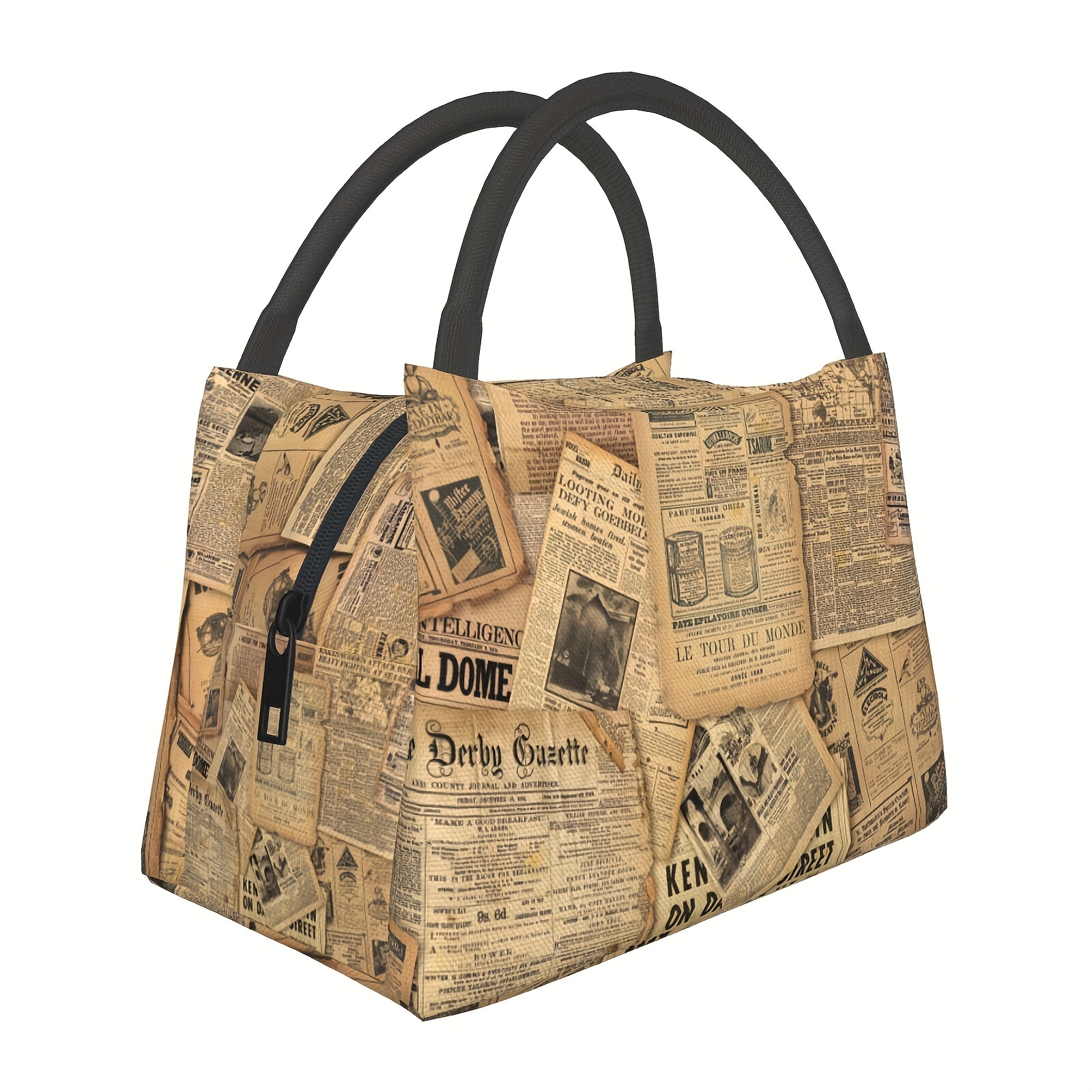 

Vintage Newspaper Insulated Lunch Bag - Reusable, Waterproof Polyester Cooler Tote With Zipper For Office, Travel & Picnics