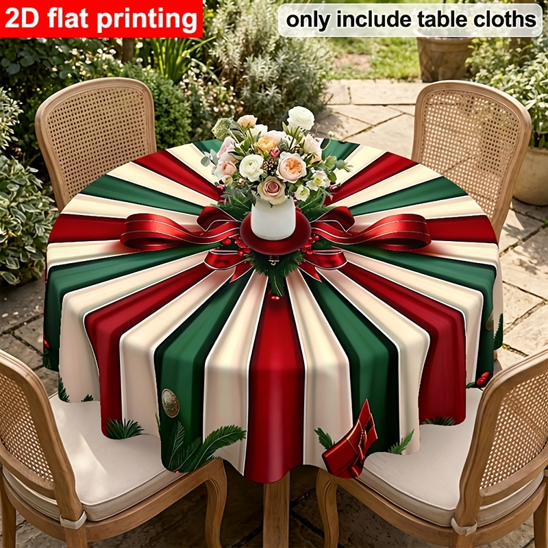 round tablecloth 1pc 2d flat christmas candy style round tablecloth red and green contrast color for home dining room decoration christmas ball and bow print tablecloth   round dining tablecloth christmas themed tablecloth
