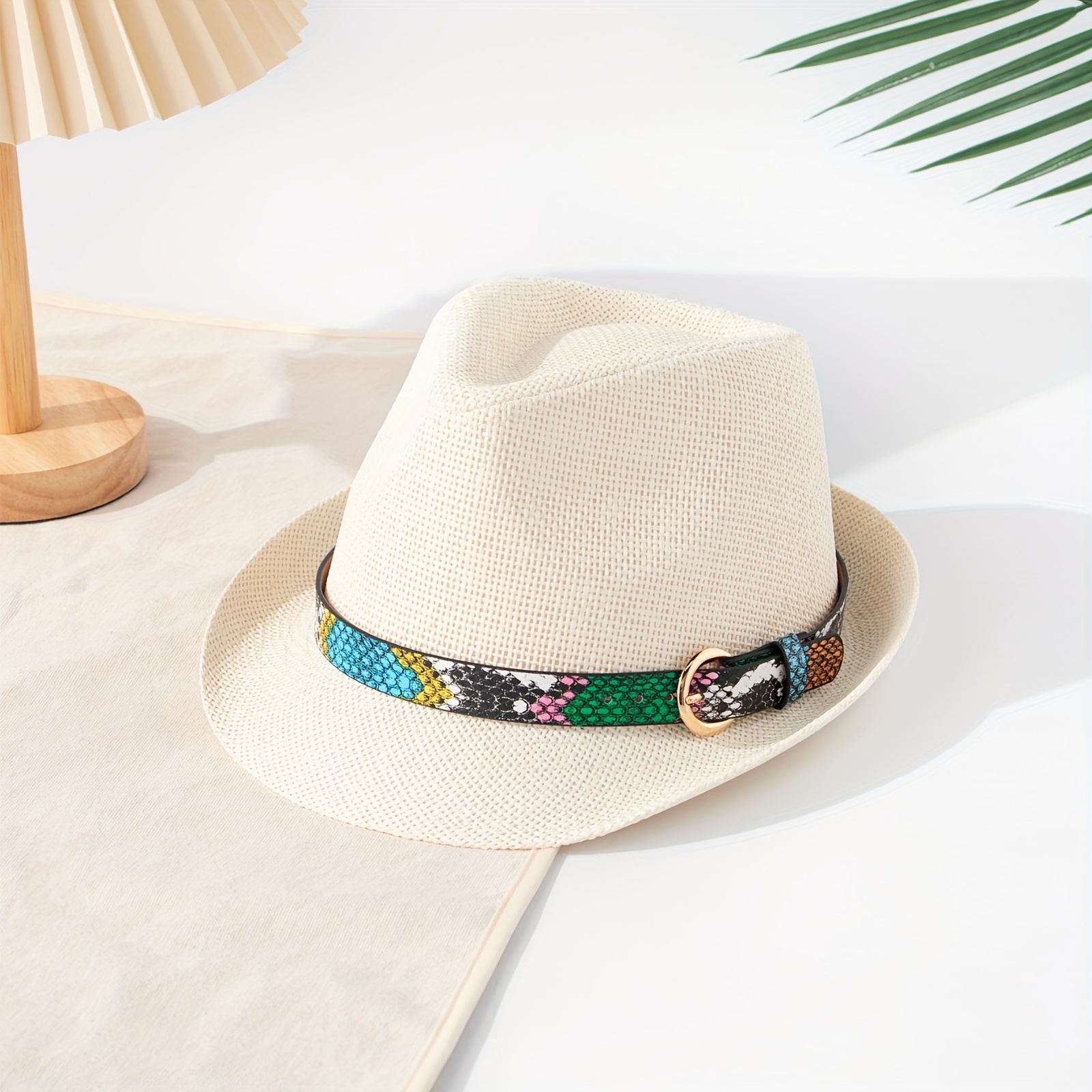 TEMU Hawaiian Style Decorative Colorful Snake Skin Belt Beach Vacation Straw Hat, Lightweight And Breathable, Comfortable Wear