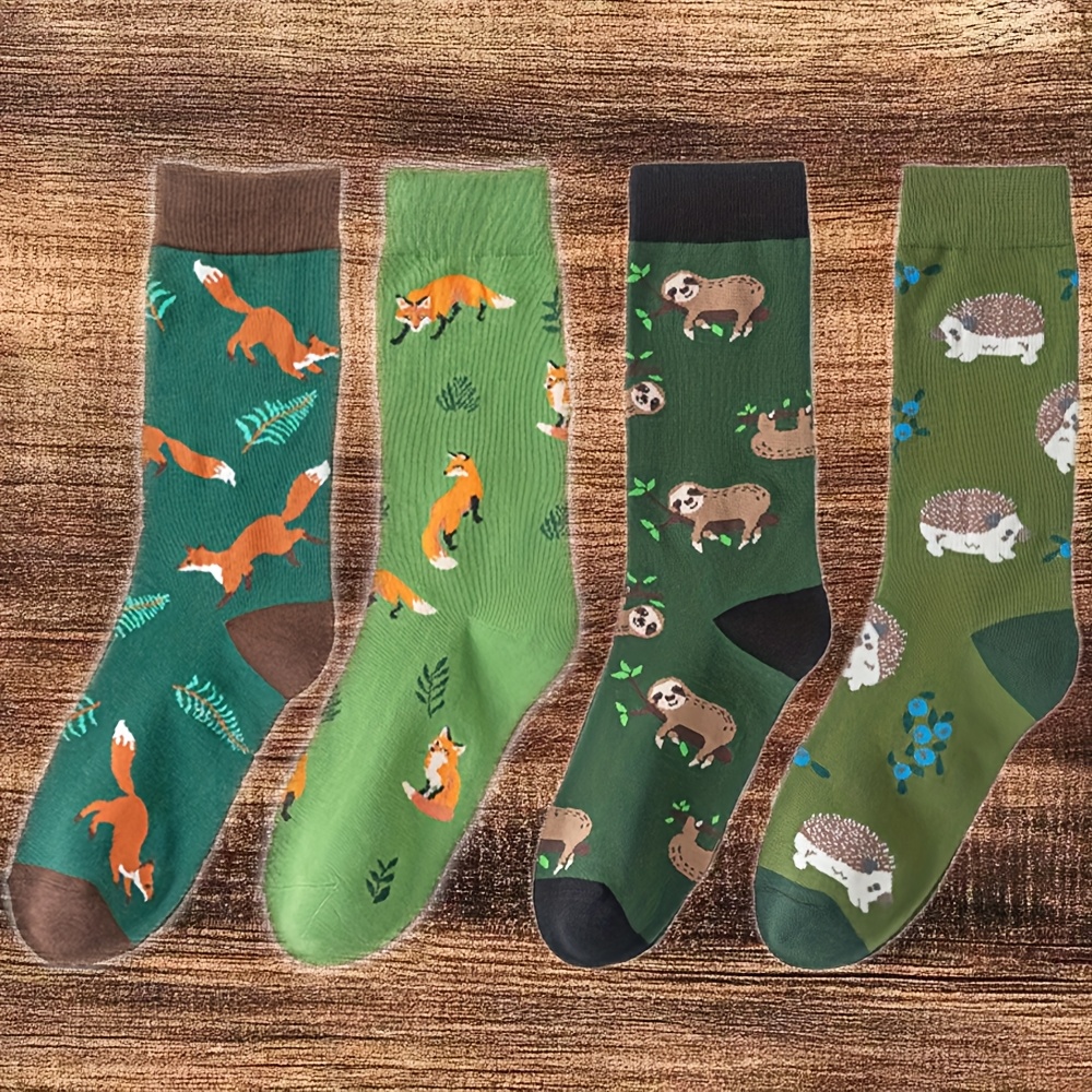 Image of 4 Pairs Of Green-themed Mid-calf Socks Featuring Cute And Interesting Animal Designs., For Teenager, For Teenager