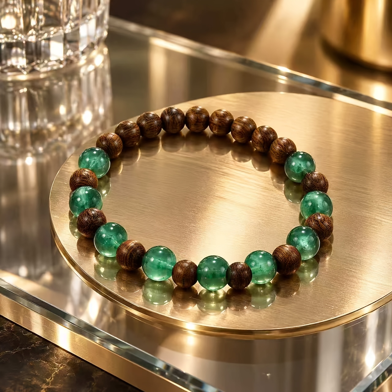 Vintage Bohemian Green Wood Grain Beaded Bracelet, Versatile Wear