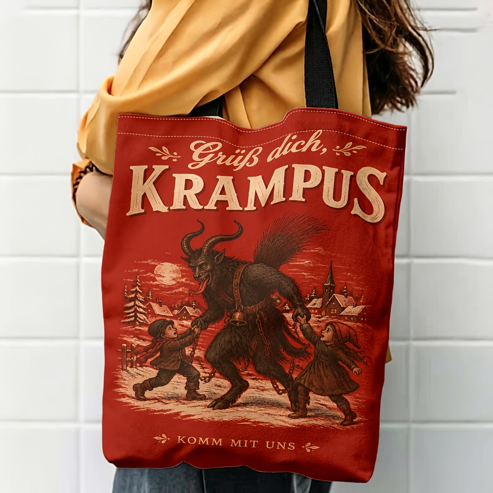 TEMU 1pc 2d Printed Krampus And Pattern Shoulder Bag, Retro Style Daily Handbag, Fashionable Large Capacity Women's Shoulder Bag, Holiday Theme