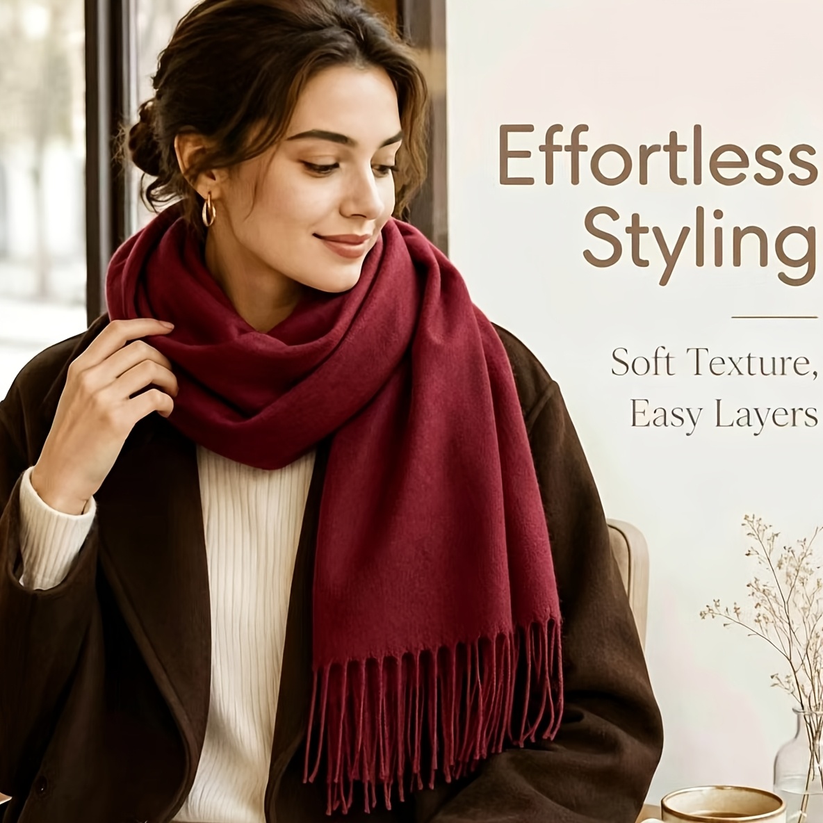 TEMU Unisex Double-sided Fuzzy Cashmere Scarf 35 X 180cm, Solid Color Long Tassel Shawl, Soft Scarves For Men Women Autumn Winter