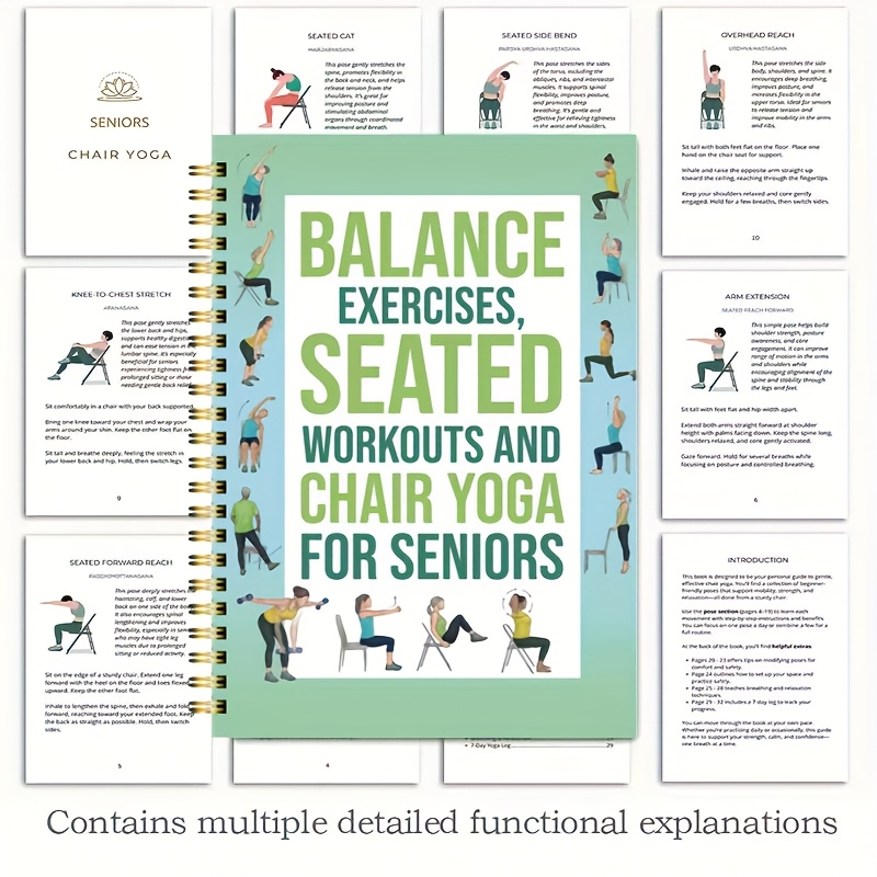 50-Page Chair Yoga Exercise Book for Seniors & Adults - Elderly Seated Yoga Poses Guide with Chair Squats, Balance Training & Stretching - Spiral Bound-like Binding (No Binding Removal) - Home, Gym, Nursing Home Fitness Log & Planner - Image 7
