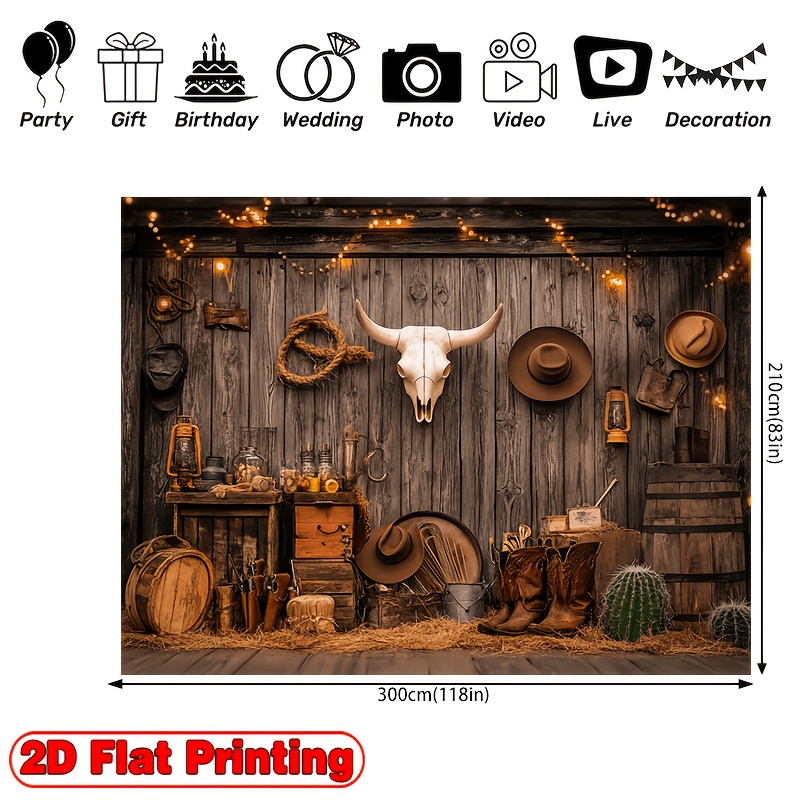 TEMU 2D Plat, 2D Plat - 2D Plat, 2D Plat - 2D PLAT Print Banner, 1 stuks Western Cowboy Achtergrond - Polyester Stof Fotografie Achtergrond & Party