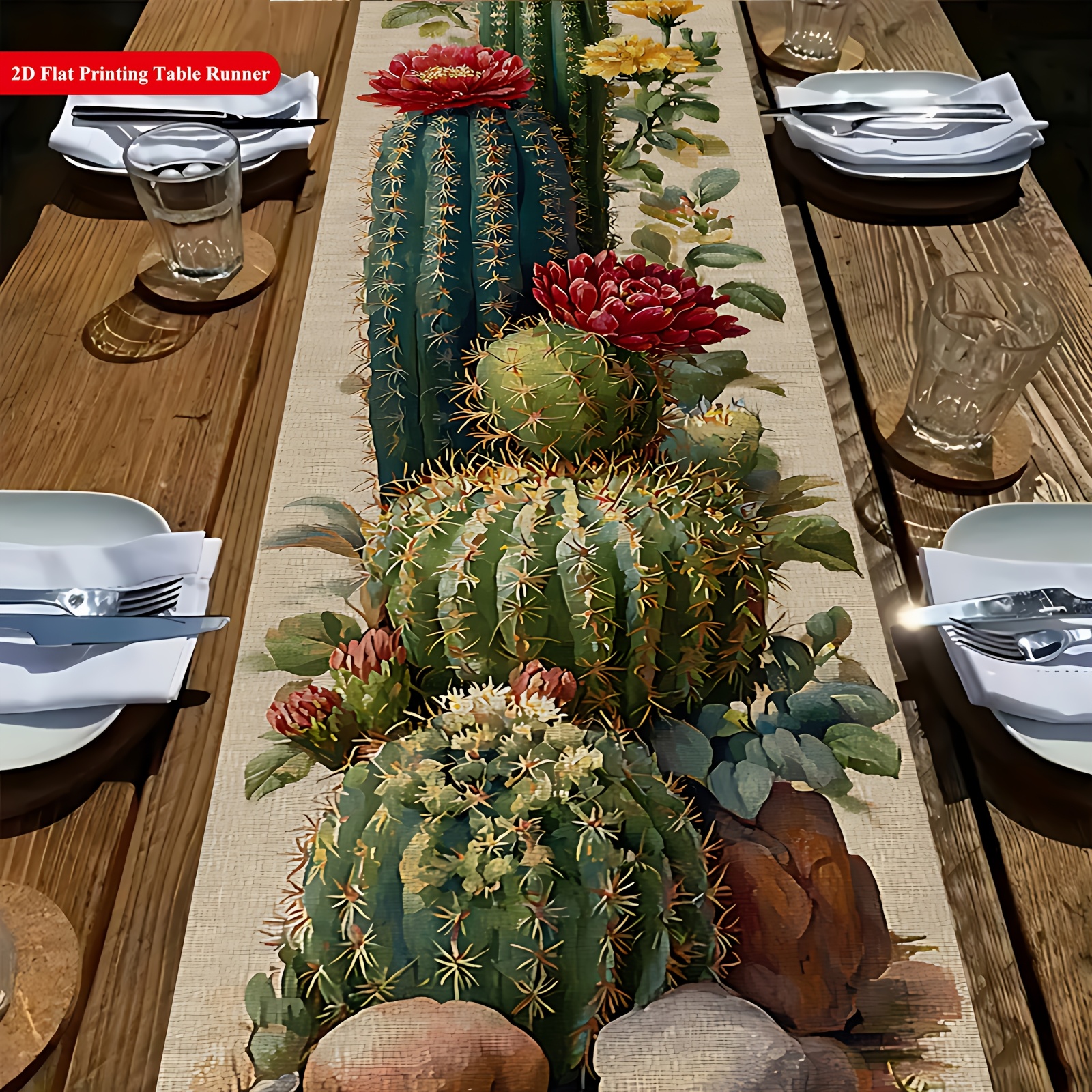 TEMU 1 pz Tovaglia per tavolo da per Decorazione tavolo Stoviglie Tessuto in poliestere Tovaglia a tema Cactus con fiori Runner per tavolo Stampa