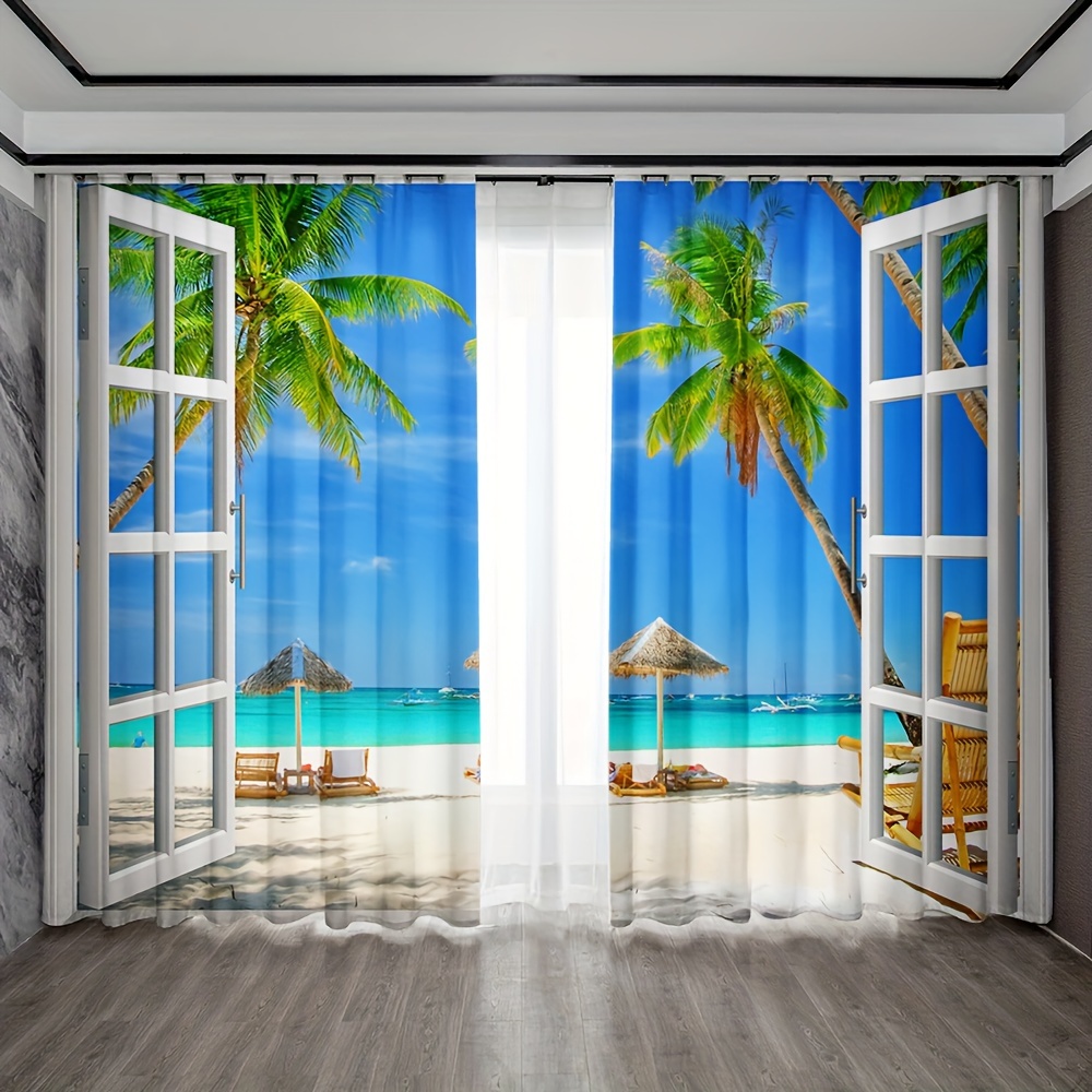 Scenery Printed Curtain / Drapes For Living Room Dining Room Bed Room With 2 Panel Set Multiple Sized Palm Trees Seagulls 2024 Sunset Ocean decor