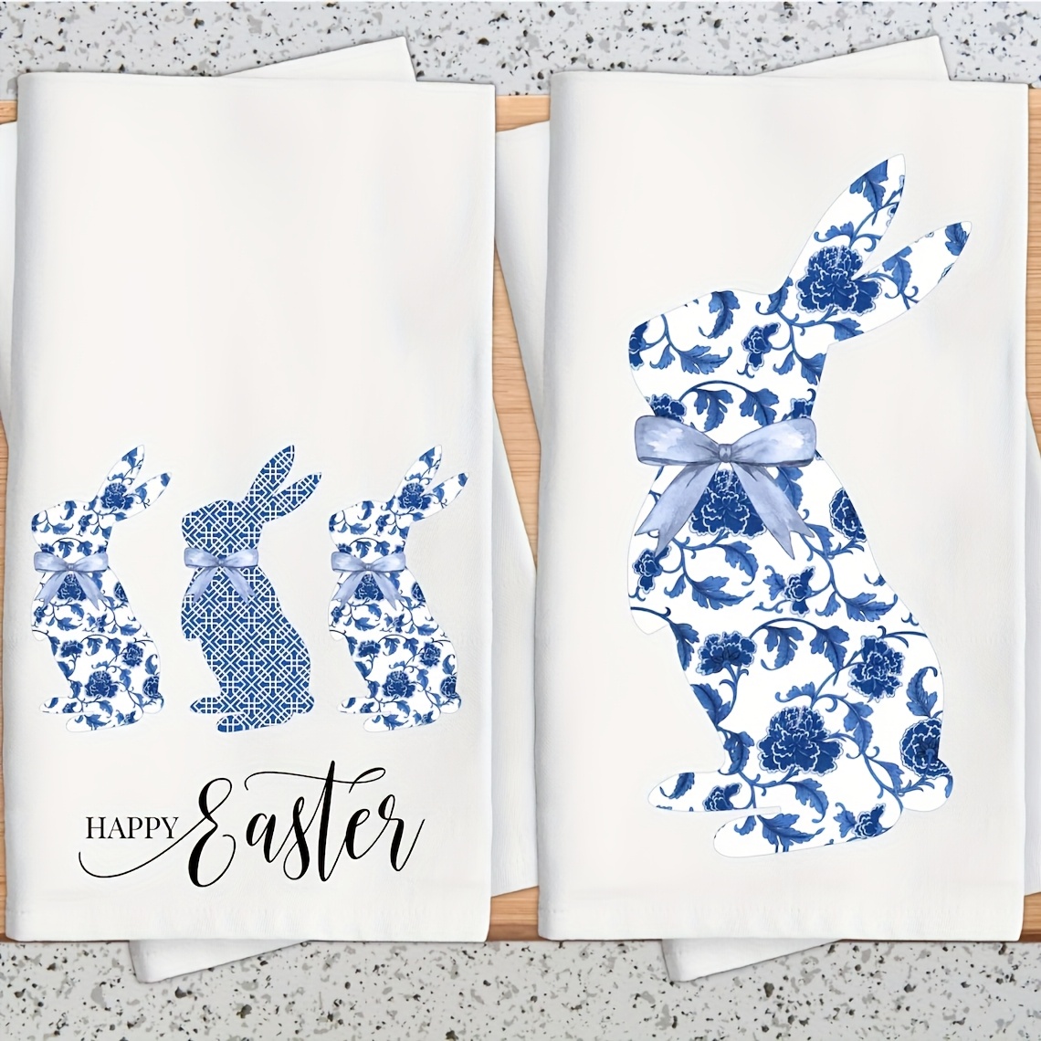 

2pcs Rustic Chinese Style Bunny Kitchen Towels, Super Absorbent Microfiber Tea Towels, Machine Washable, Cartoon Easter Decoration, Blue And White Geometric Pattern, Holiday Theme, Face Wash Towel