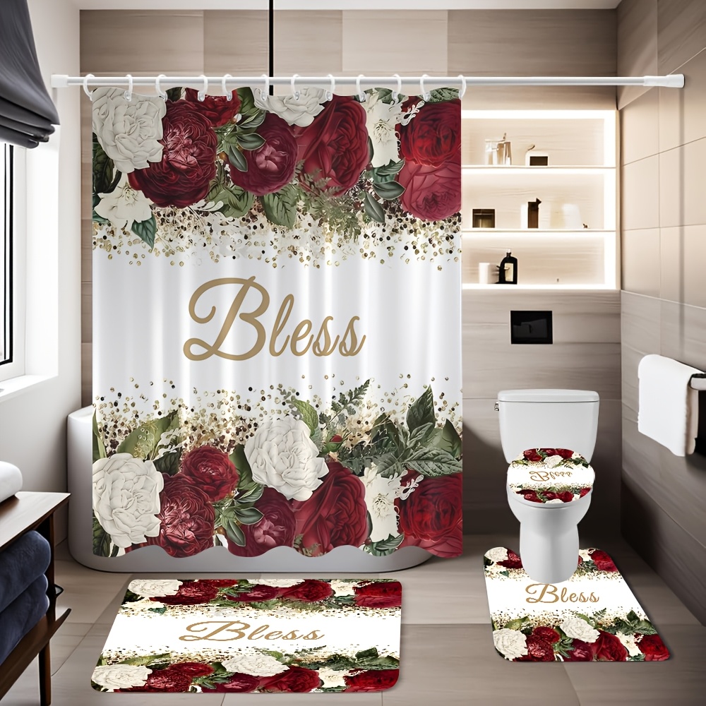 TEMU 4pcs Complete Bathroom Set With Rose Printed Pattern, Elegant For Home Decor, Shower Curtain, Complete 4pcs Toilet Lid Cover Set, , With 12