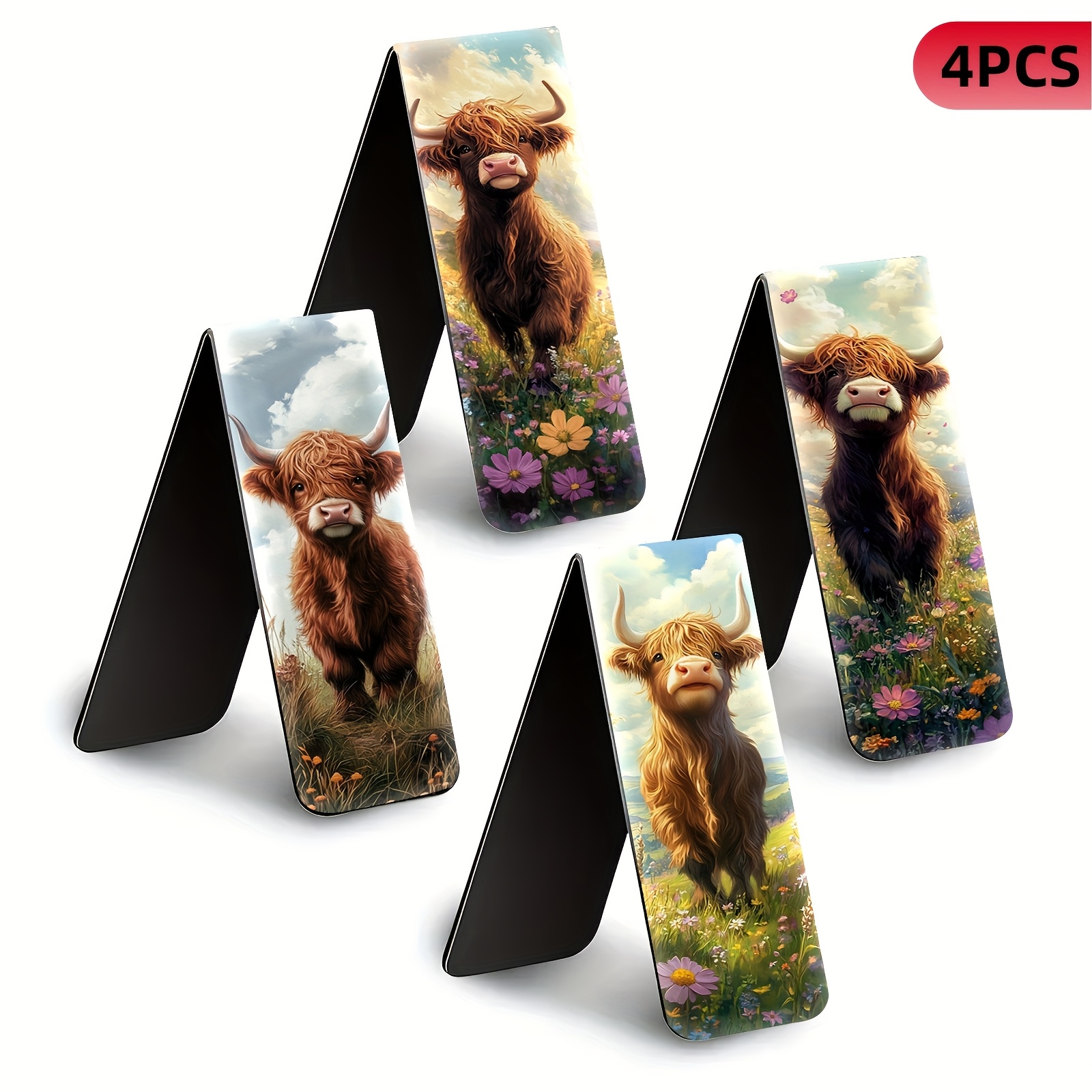TEMU 4pcs Magnetic Bookmark Set | Foldable Book Page Holder | Highland Cow Magnetic Bookmark 4pcs | High-definition Waterproof Durable | Suitable For