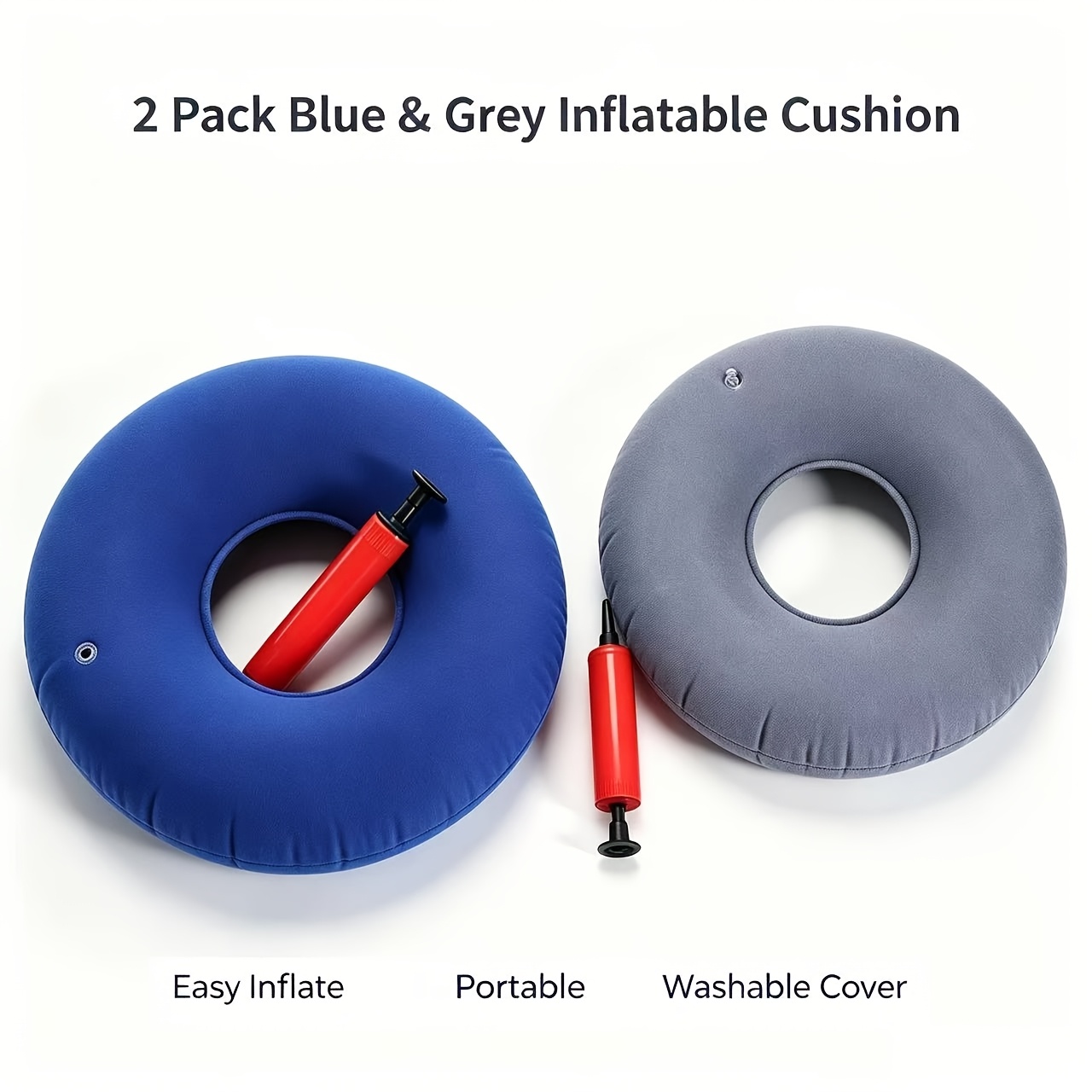 TEMU 2pcs Coccyx Ring Cushions, Inflatable Seat Pads With Air Pump, For And Seating, Home Round Cushion, Car Or Office Chair, Outdoor Seating