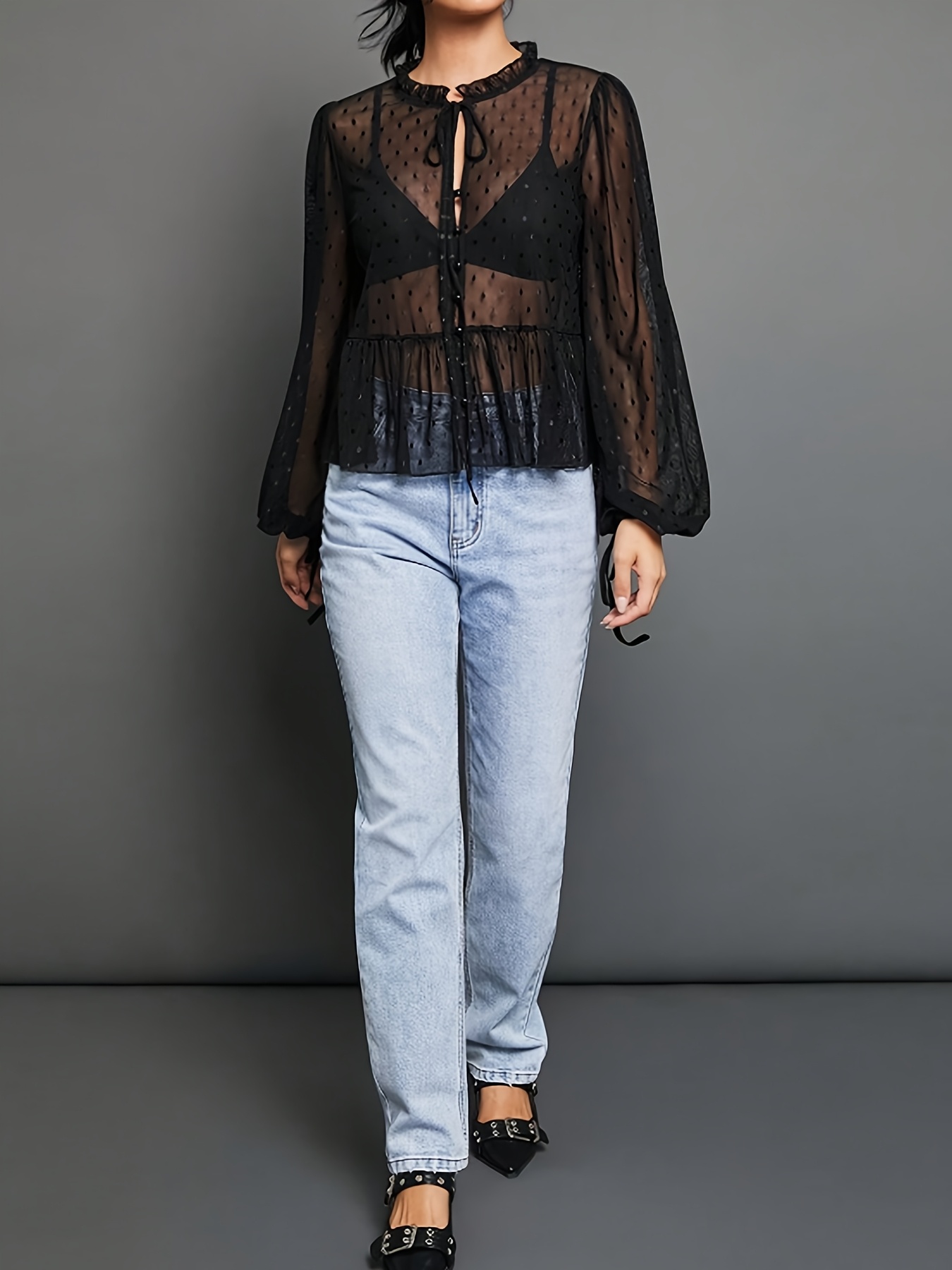 women's sheer polka dot mesh top adjustable lace neck tie Temu