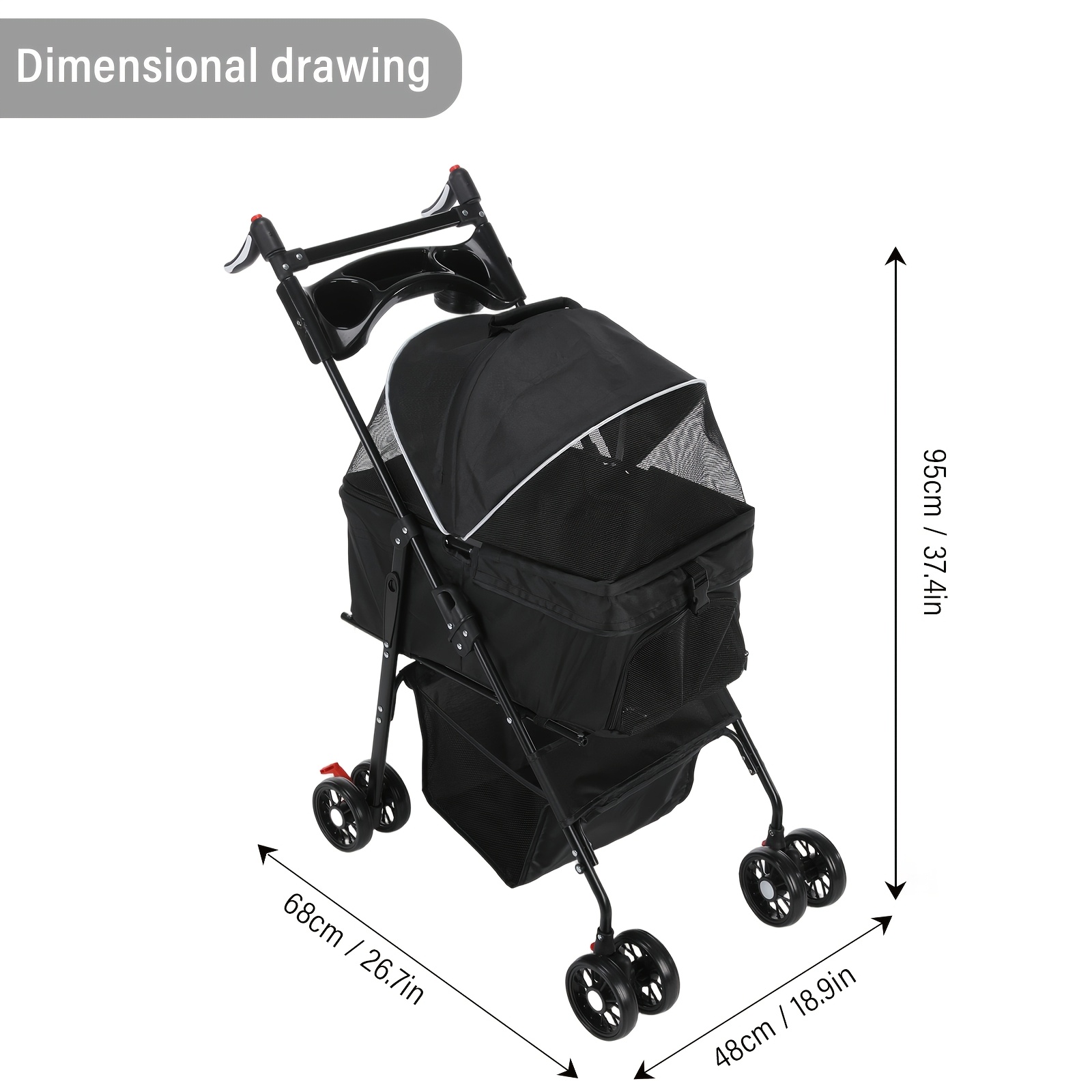 Pet , Suitable For Cats And Dogs; Four-wheeled Pet Trolley, Jogging Trolley And Lightweight Trolley; Black; Includes A Food Tray; Folds With Hands And Features A Detachable Carrier