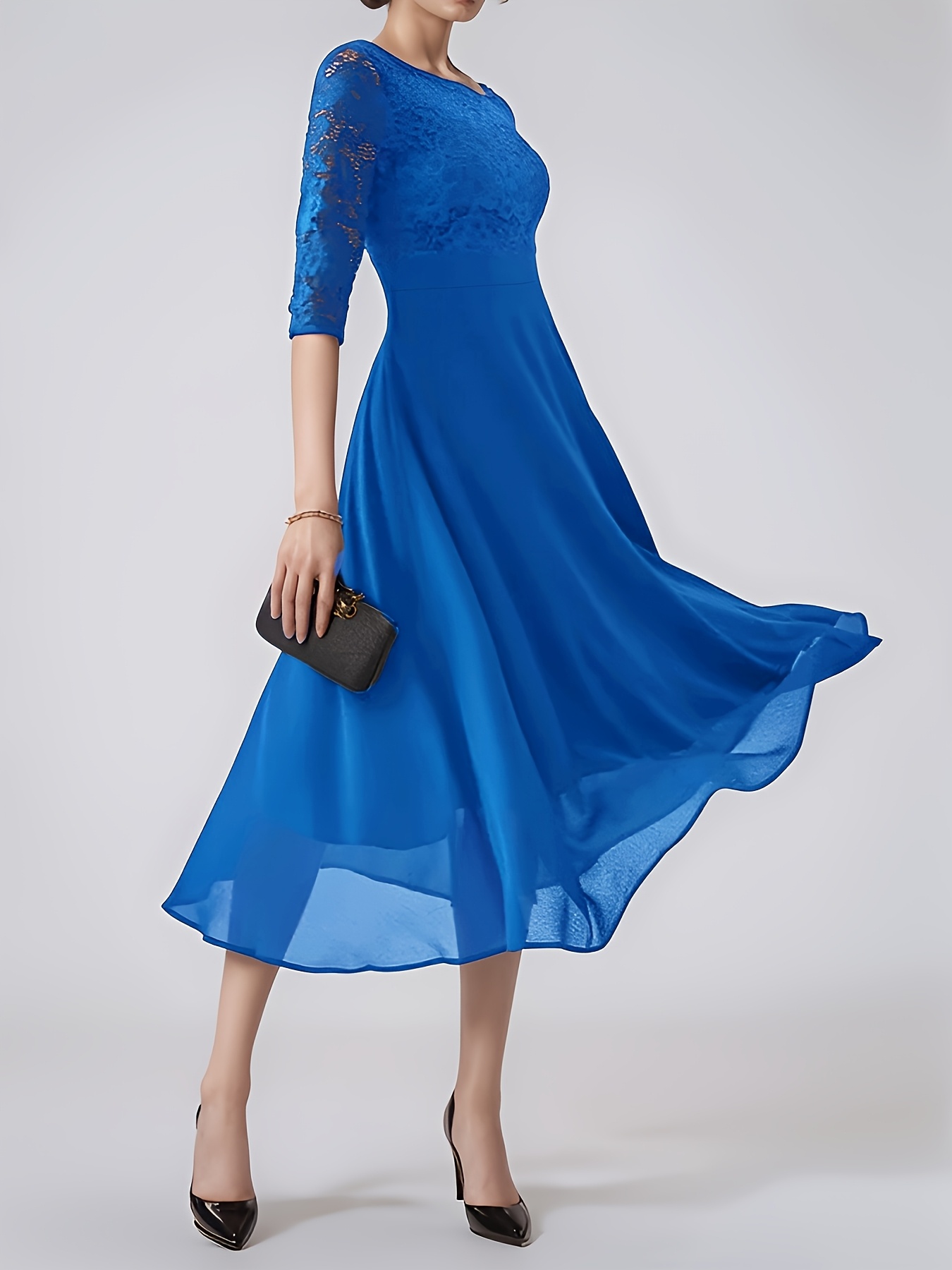women elegant dark blue a line evening dress high neck short sleeve chiffon wedding guest dress suitable for prom   formal events machine washable flowing skirt dress year round formal attire