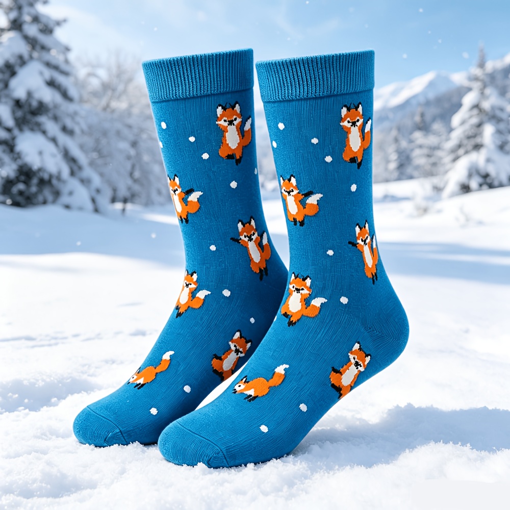 TEMU 1 paire de chaussettes style T sur le thème du renard pour hommes et femmes - Chaussettes mi-hautes unisexes à motif visage de renard de dessin
