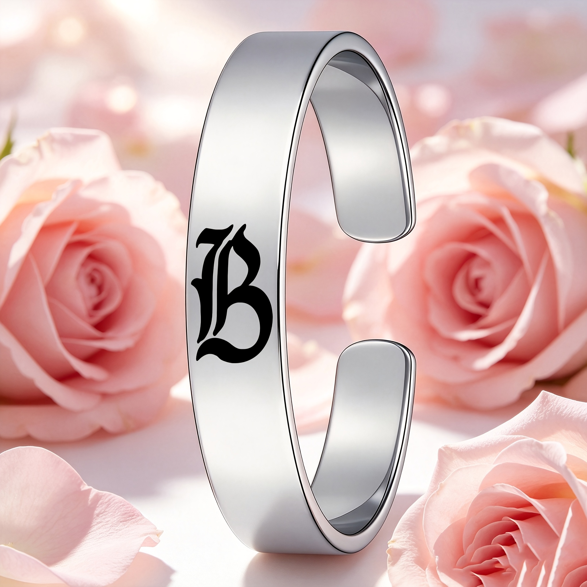Gothic 'B' Design 304 Stainless Steel Open Bangle Bracelet