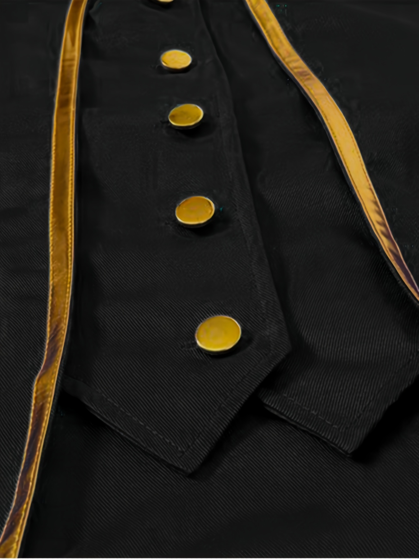 Vintage-Inspired Mid-Length Tuxedo Coat with Golden Trim - Black Retro Punk Style for Halloween, Stage Performances & Themed Events, Stage Performance Attire | Ornate Golden Detailing | Polyester Fiber Coat