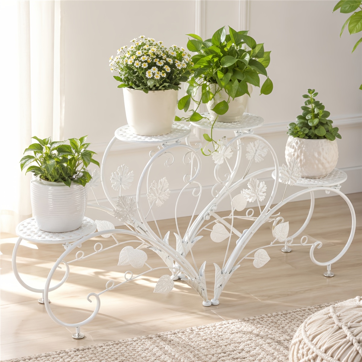 TEMU Ensemble de 2 présentoirs à plantes en métal, étagères à fleurs, présentoirs à pots, blanc pour patio, jardin, entrée, décorations de maison