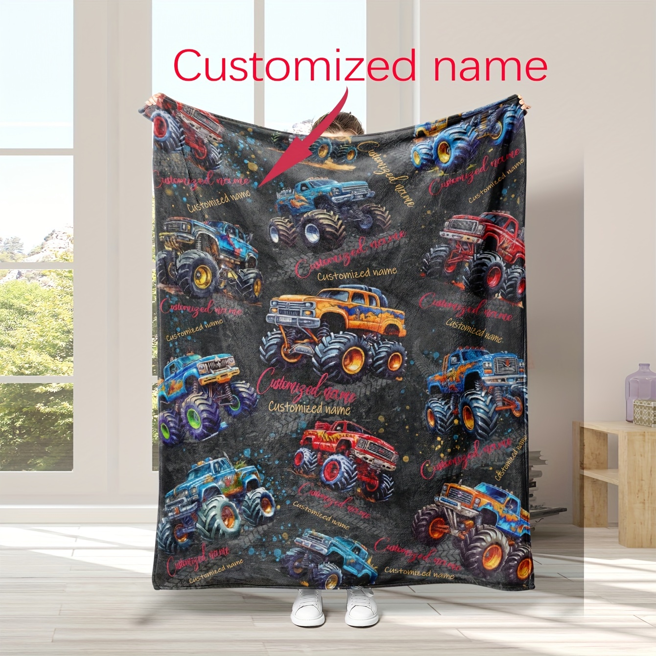 

Customizable Monster Truck Print Flannel Fleece Blanket - Personalized Name, Soft Warm Throw For Sofa, Office Bed, Camping, Multipurpose Gift, Machine Washable, Digital Printed Polyester Knit Blanket