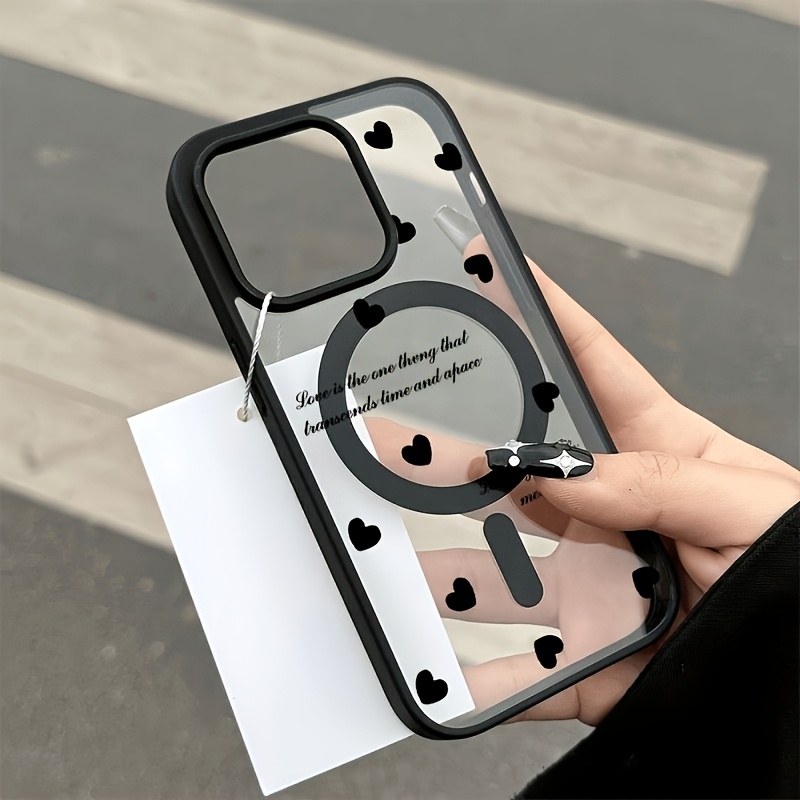 TEMU Phone Case: Full-screen Black Heart English Pattern Magnetic Shockproof Transparent Phone Case, Suitable For Iphone 11/12/13/14/15/16, Iphone