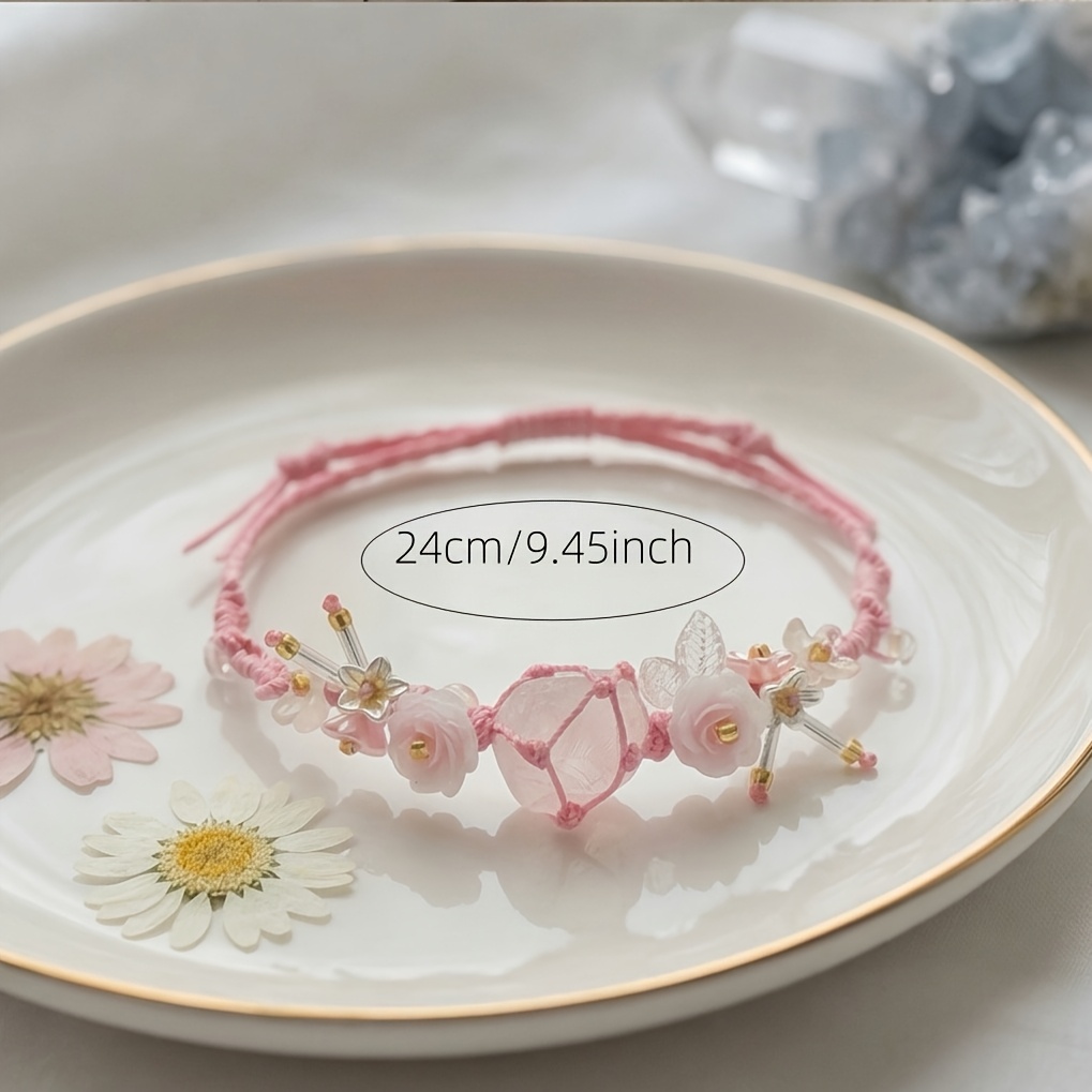 Crystal Handwoven Bracelet, Forest-Inspired Pink & White Design
