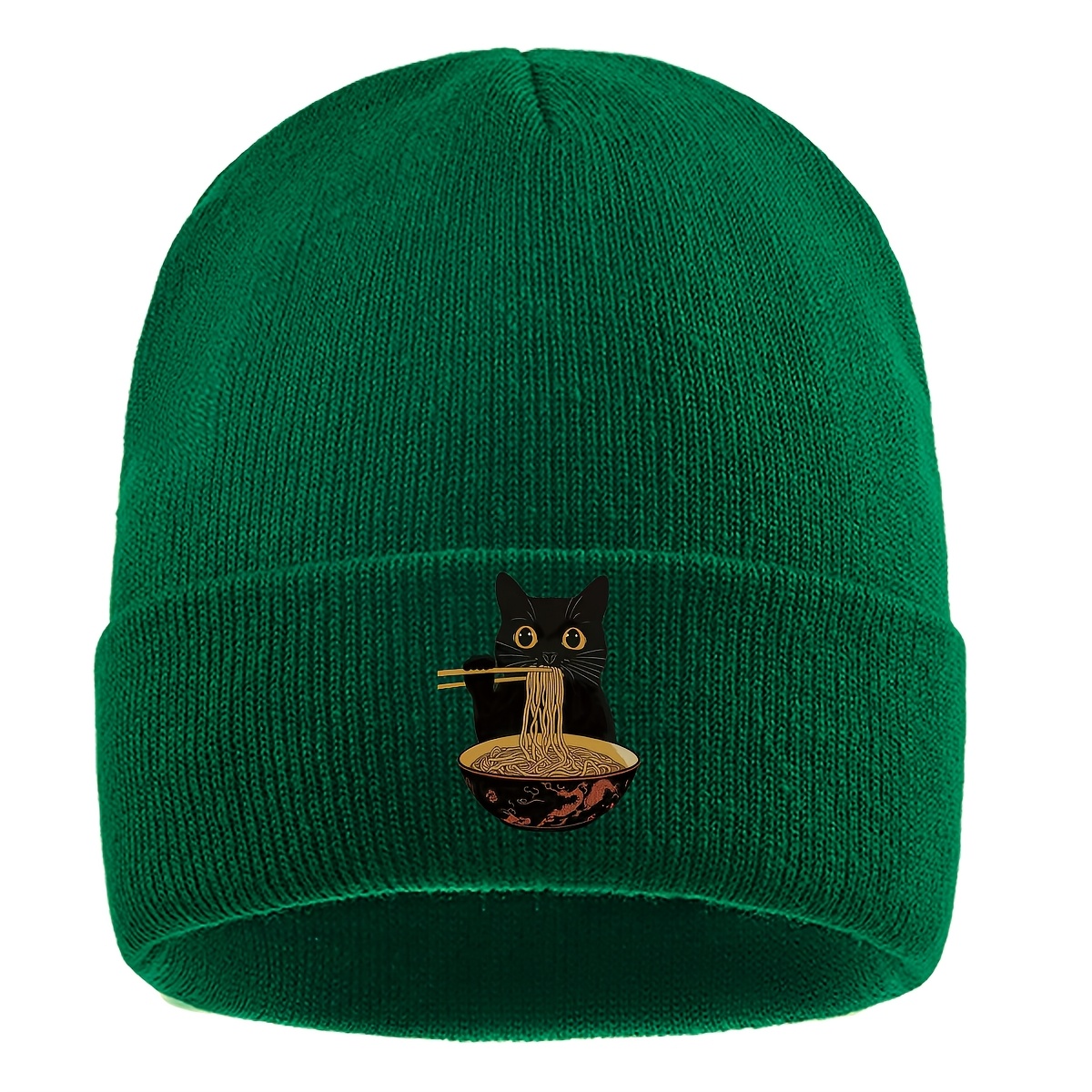 TEMU 1pc Cute Black Cat Eating Noodles With Chopsticks Print Beanie, Winter Plush Women's Ear Protection -lined Brimless Beanie, Outdoor Activities
