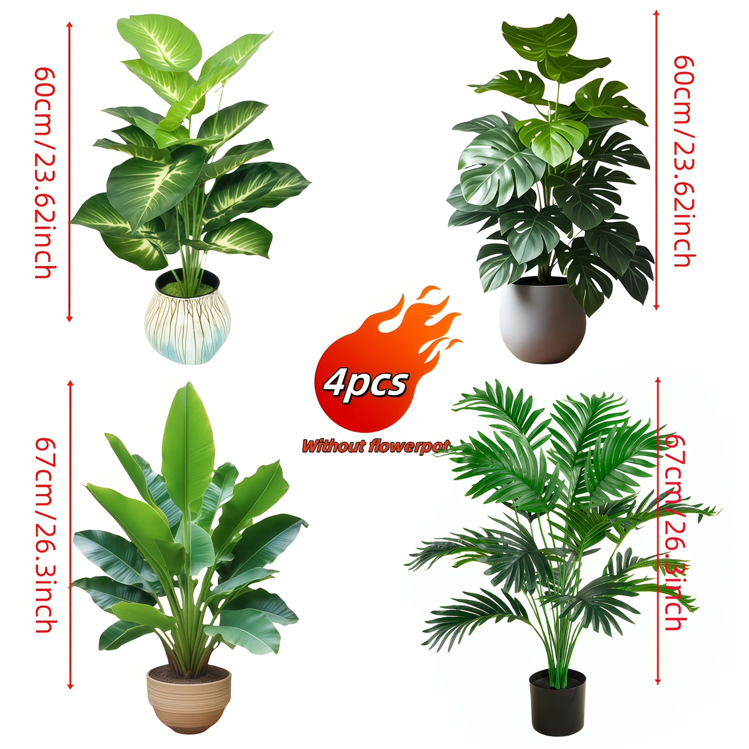 TEMU 4pcs Fake Plants, A Large Outdoor Artificial Green Plant Combination Of Palm Trees With 48 Large Leaves, Wedding Garden Decoration, Maintenance-free Evergreen Artificial Plants | In Pots
